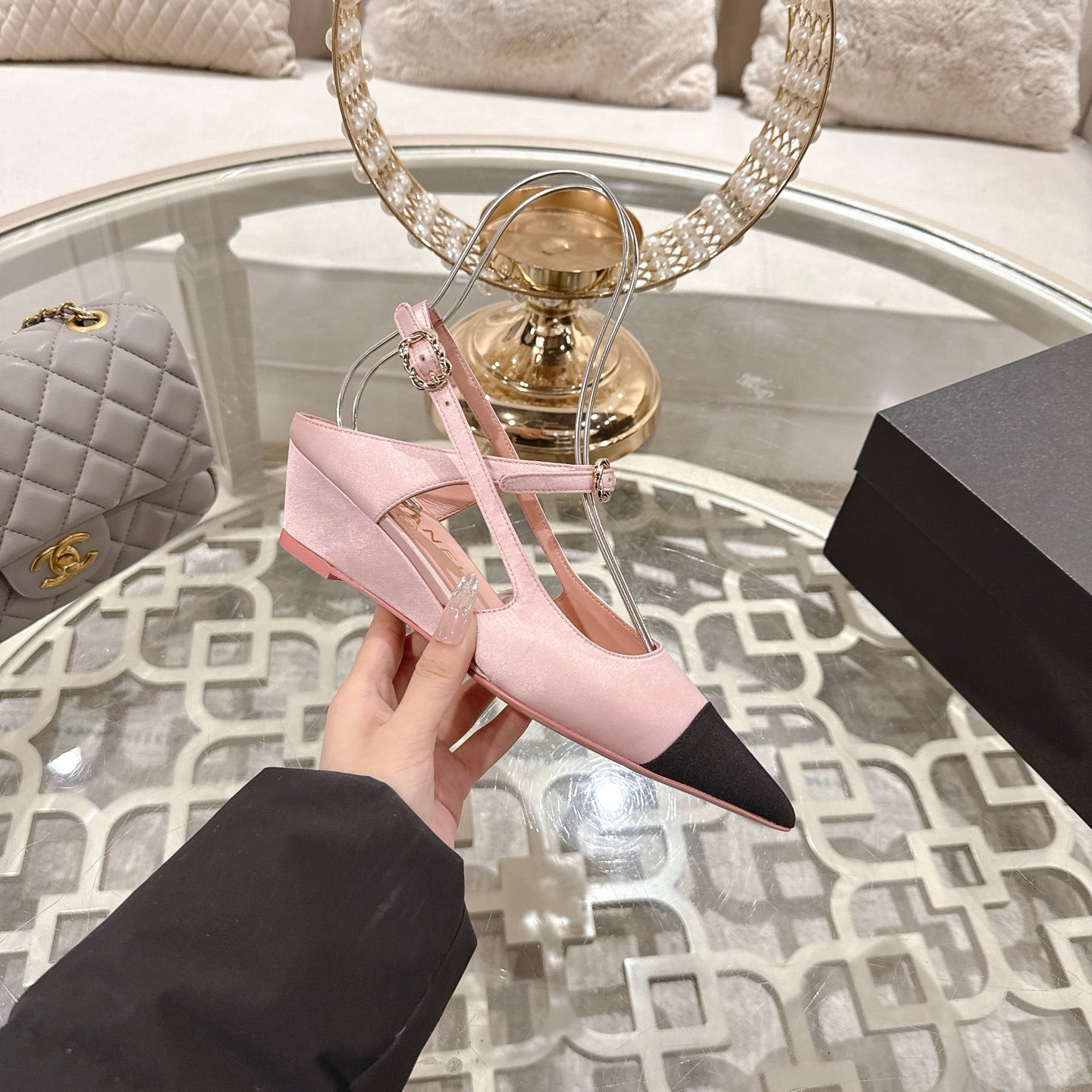 CHANEL 25 Slingback Heel Pink Pastel Silk and Sheepskin 268922