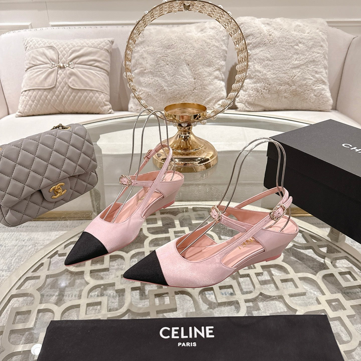 CHANEL 25 Slingback Heel Pink Pastel Silk and Sheepskin 268922