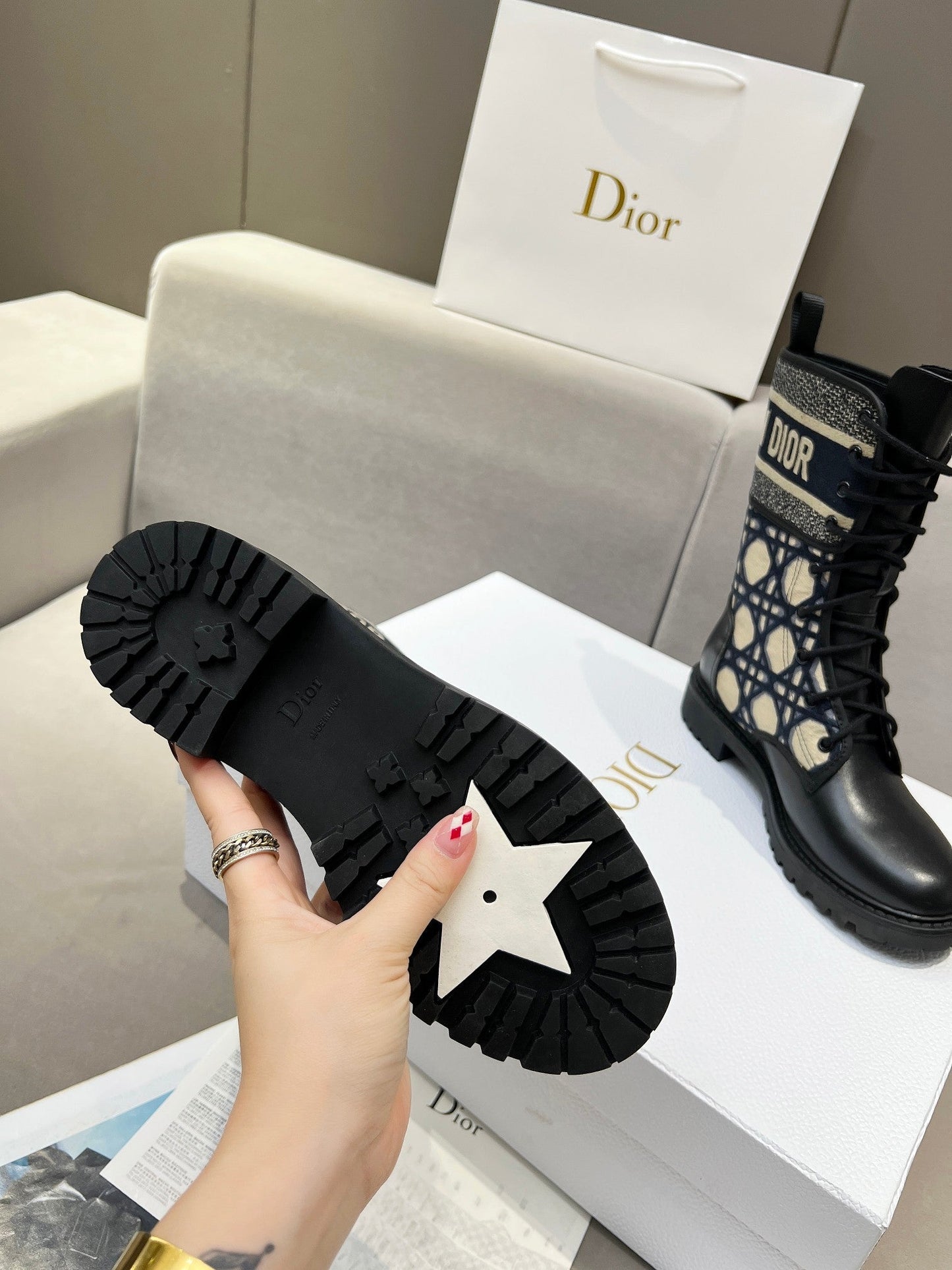 DIOR D-Major Ankle Boot In Charcoal Blue Mix Black Denim Fabric And Lambskin 107723