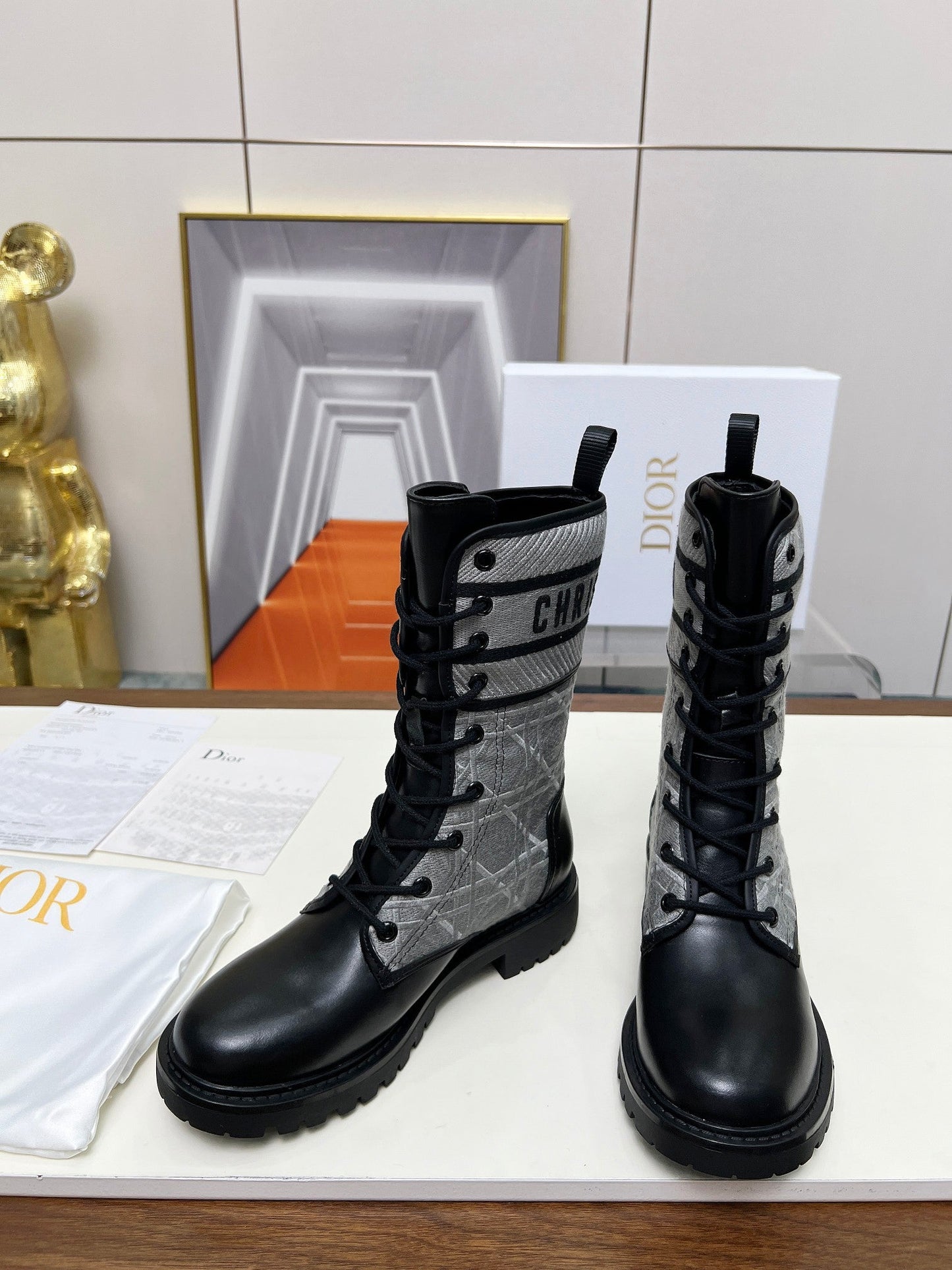 DIOR D-Major Ankle Boot In Grey Mix Black Denim Fabric And Lambskin 107724