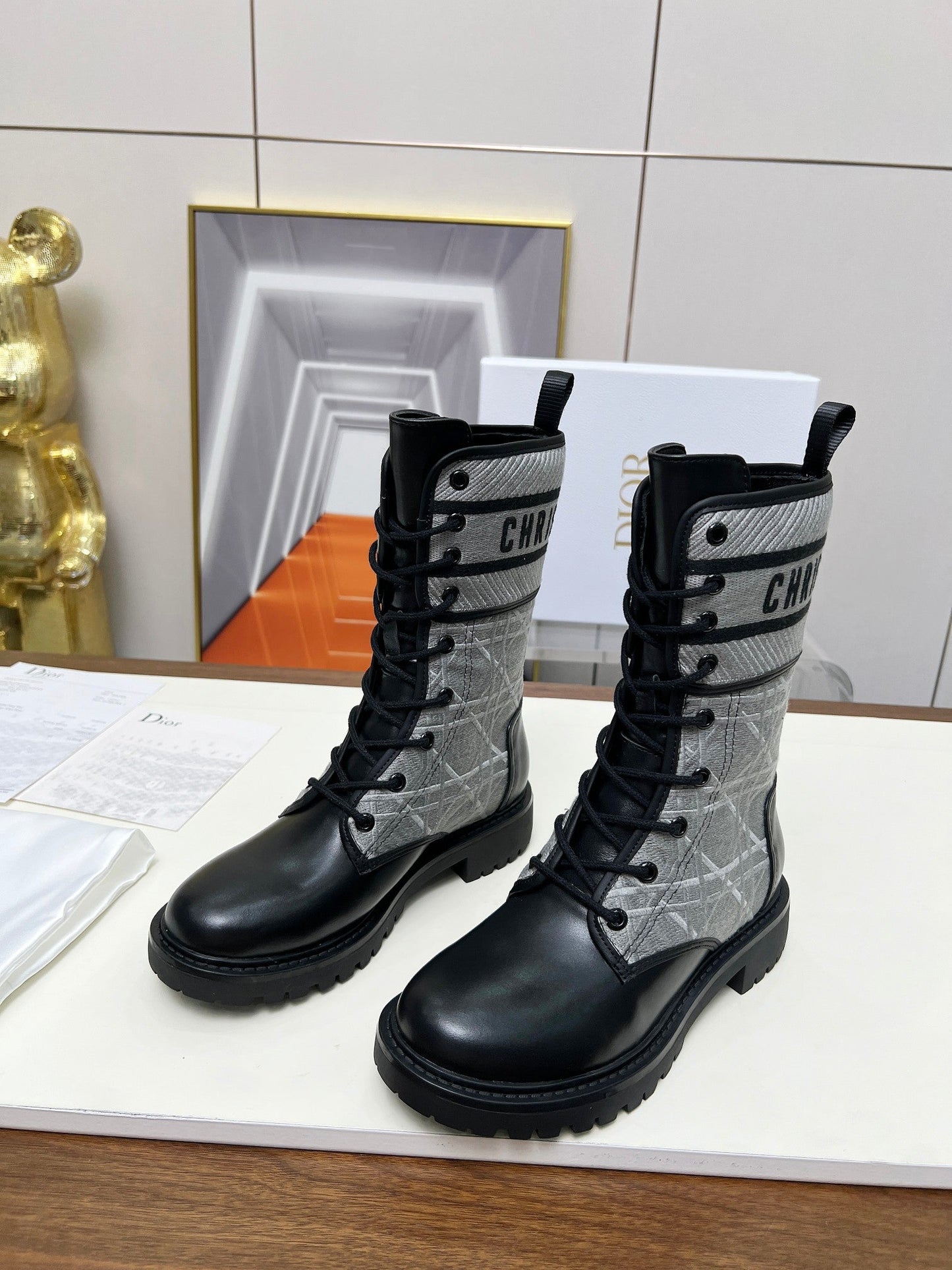 DIOR D-Major Ankle Boot In Grey Mix Black Denim Fabric And Lambskin 107724