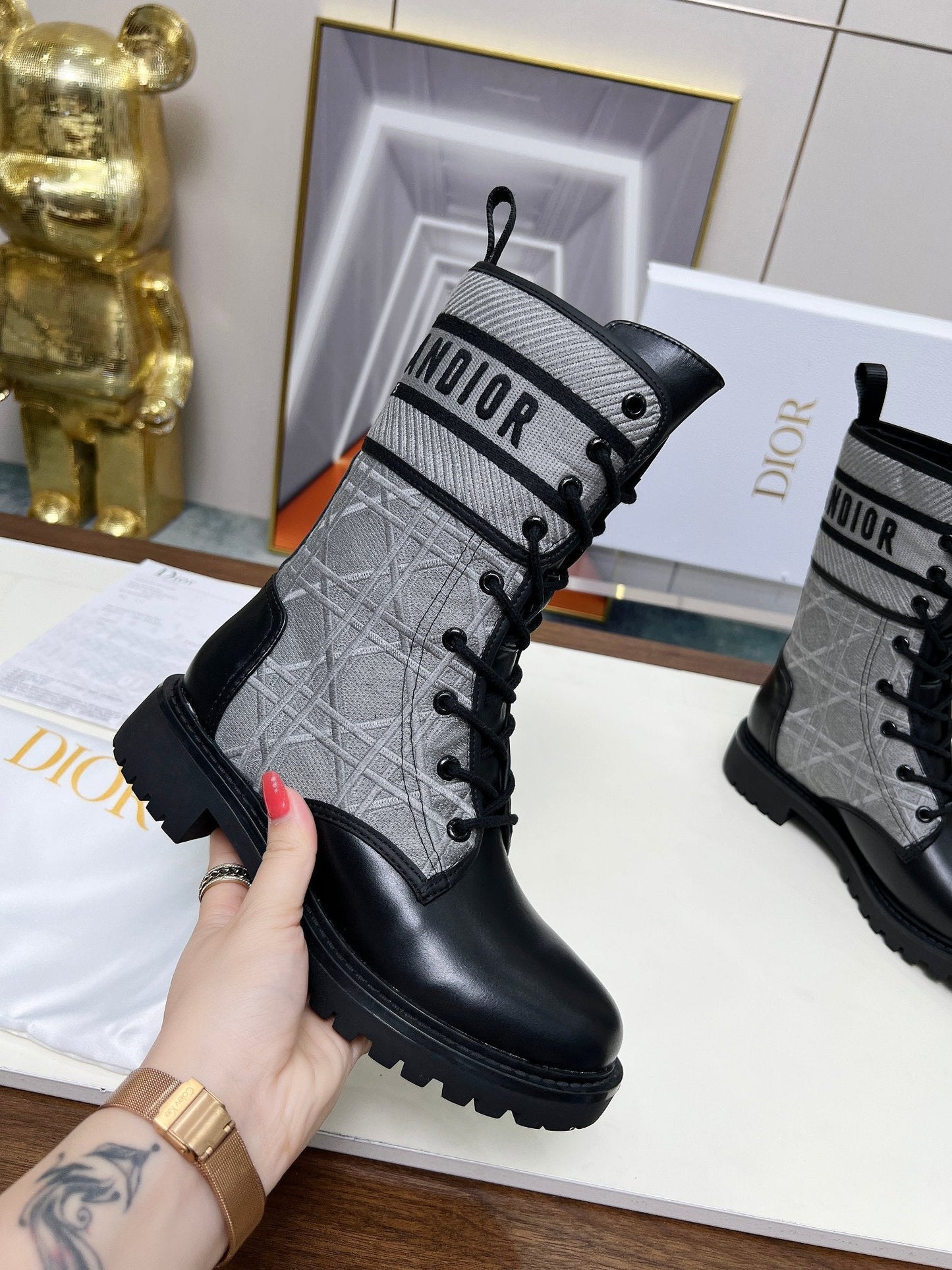DIOR D-Major Ankle Boot In Grey Mix Black Denim Fabric And Lambskin 107724