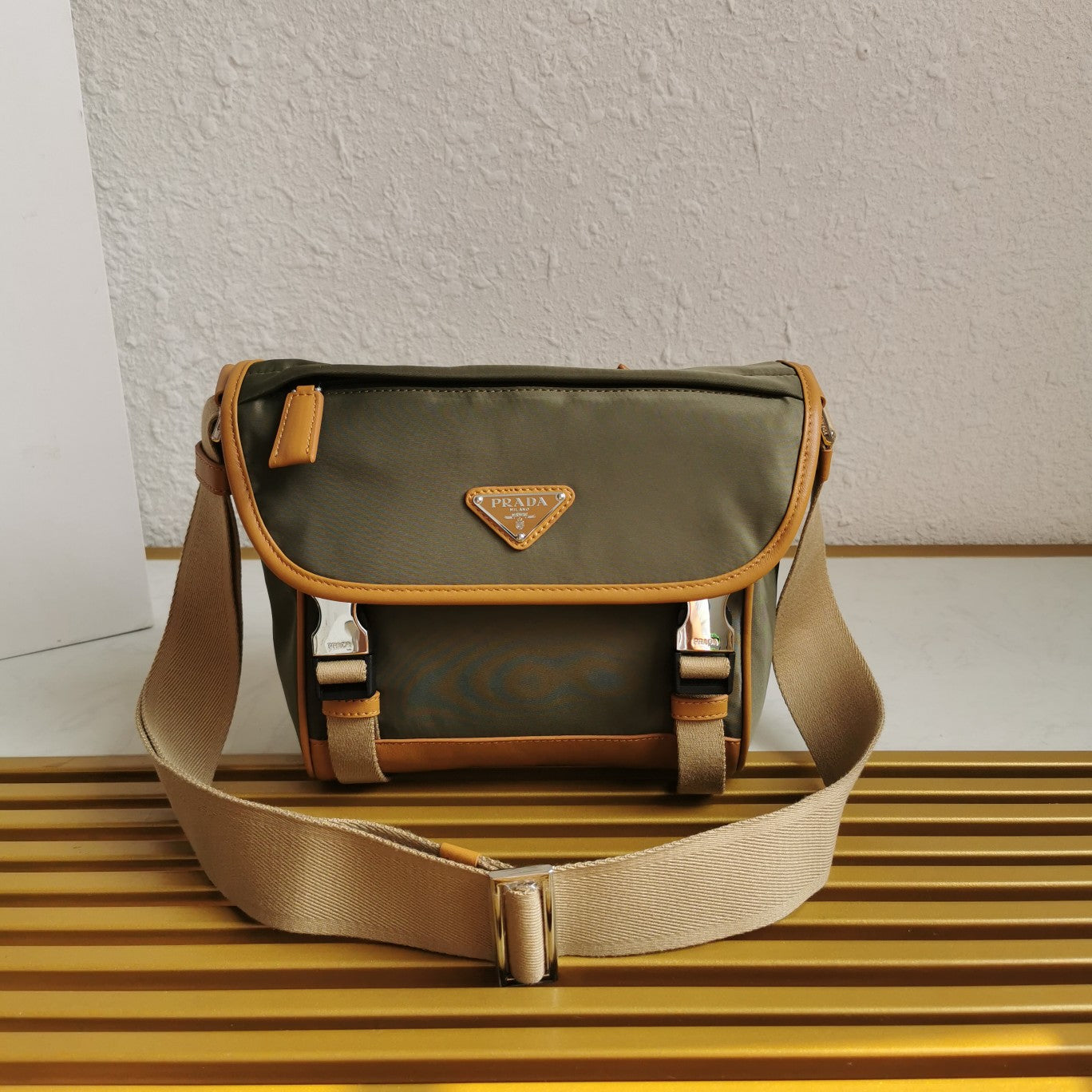 PRADA MESSENGER BAG 20 IN KHAKI GREEN RE-NYLON AND BROWN CALFSKIN TRIM