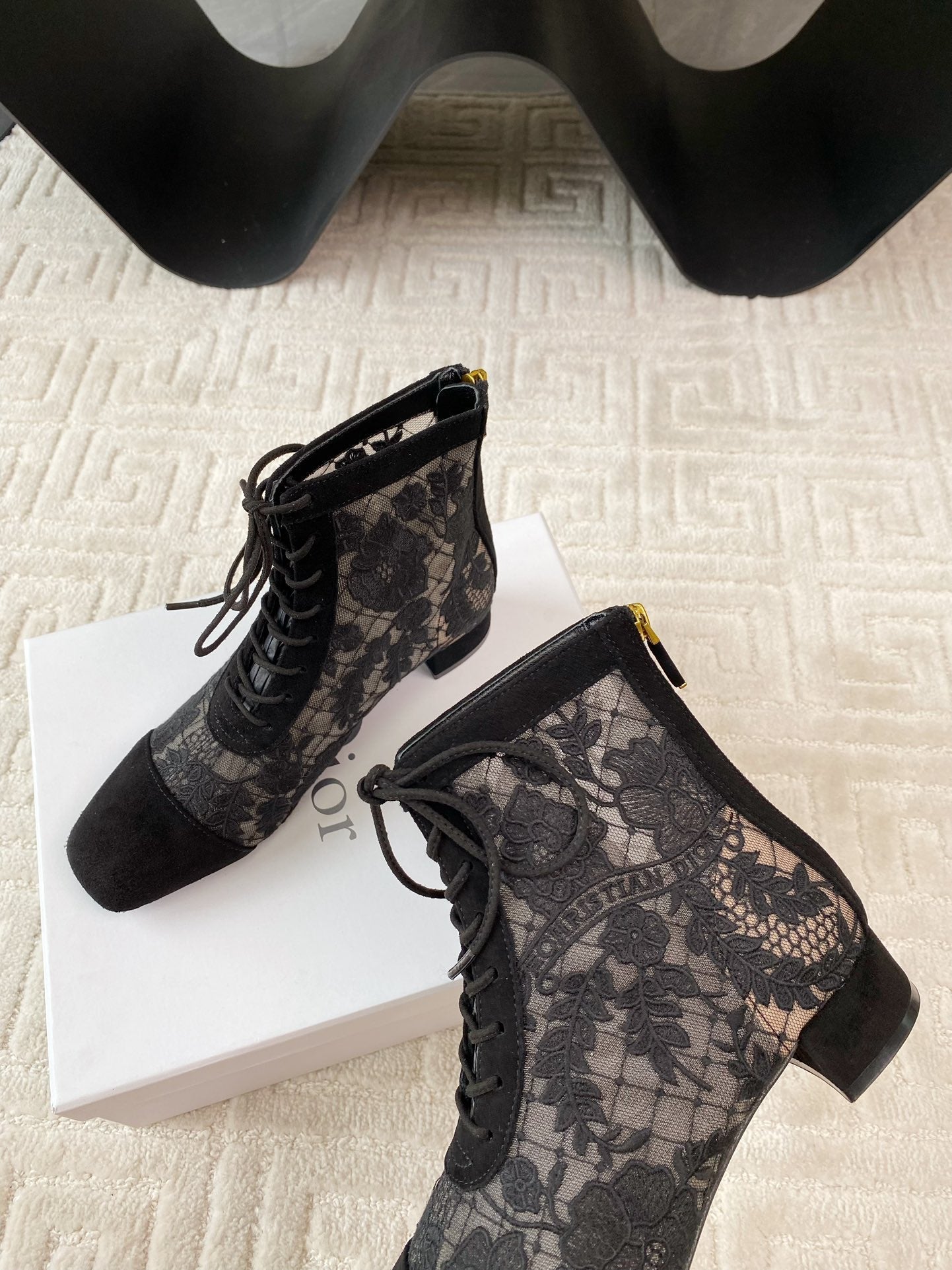 DIOR Naughtily-D Heeled Ankle Boot Black Transparent Mesh Roses Embroidery And Suede