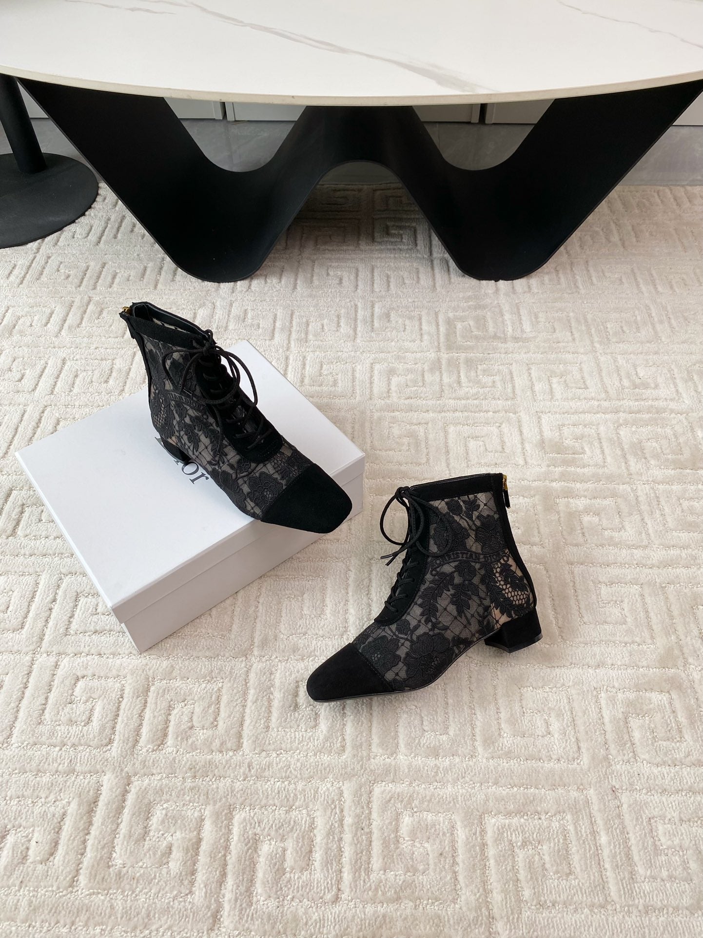 DIOR Naughtily-D Heeled Ankle Boot Black Transparent Mesh Roses Embroidery And Suede