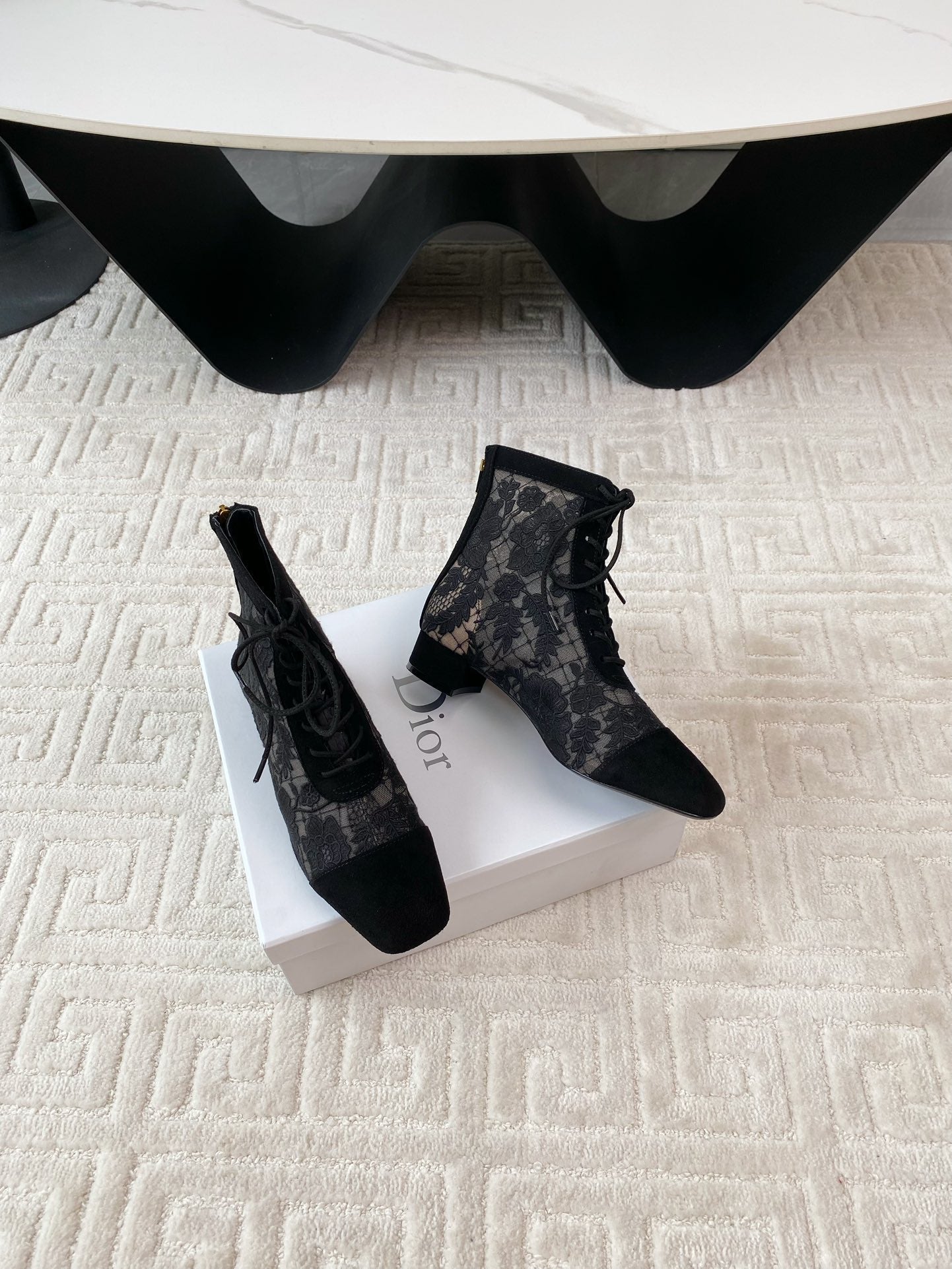 DIOR Naughtily-D Heeled Ankle Boot Black Transparent Mesh Roses Embroidery And Suede