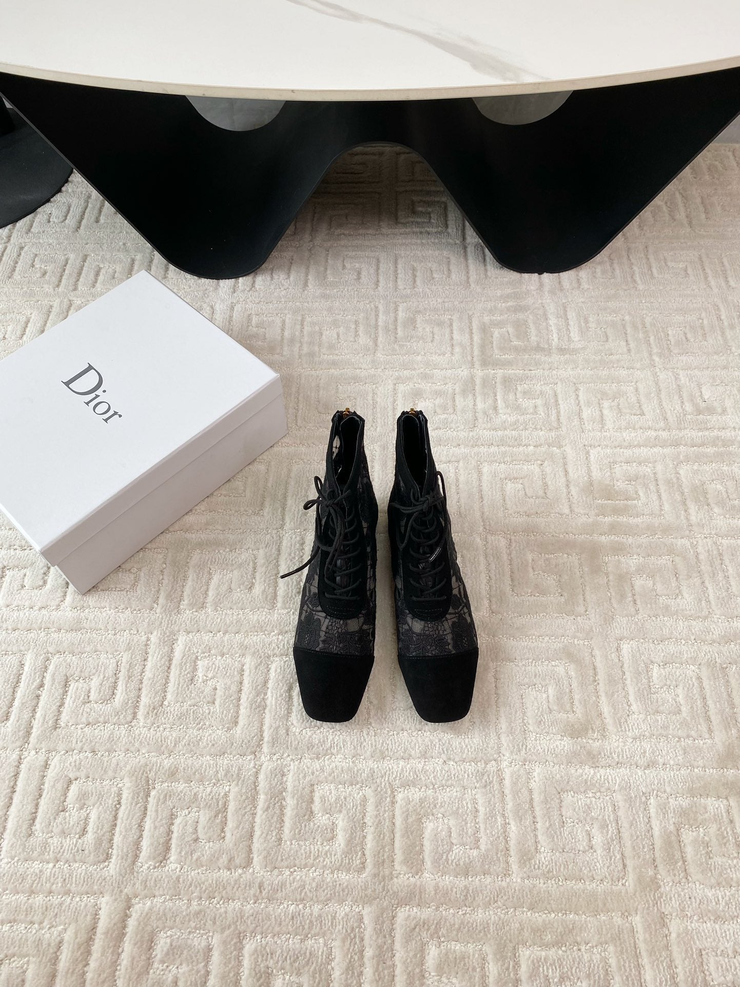 DIOR Naughtily-D Heeled Ankle Boot Black Transparent Mesh Roses Embroidery And Suede