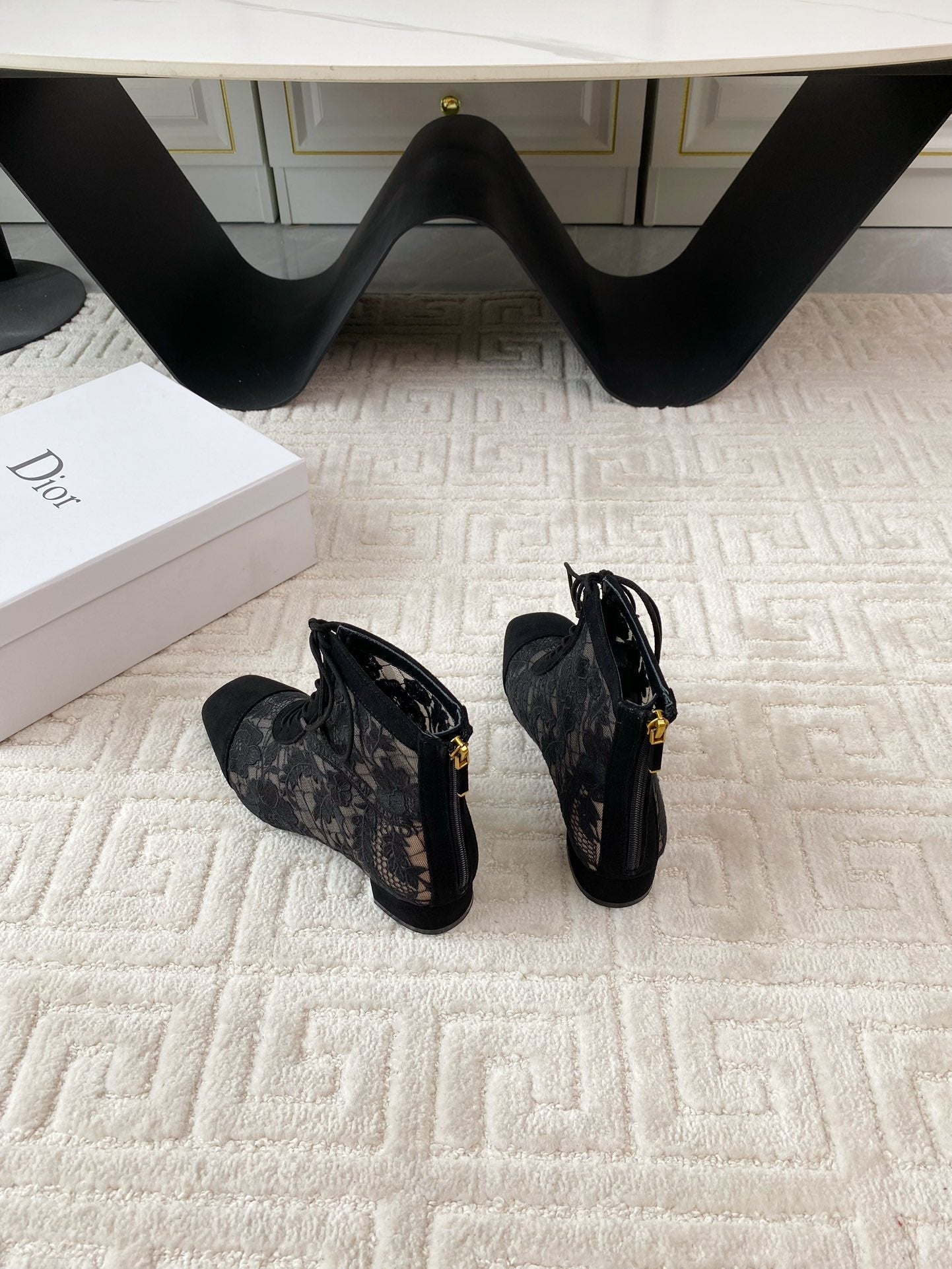 DIOR Naughtily-D Heeled Ankle Boot Black Transparent Mesh Roses Embroidery And Suede