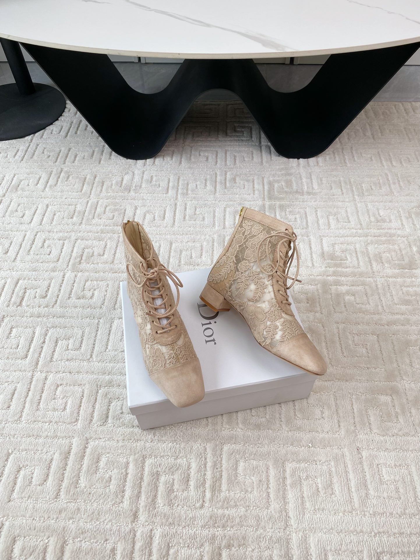 DIOR Naughtily-D Heeled Ankle Boot Beige Transparent Mesh Roses Embroidery And Suede