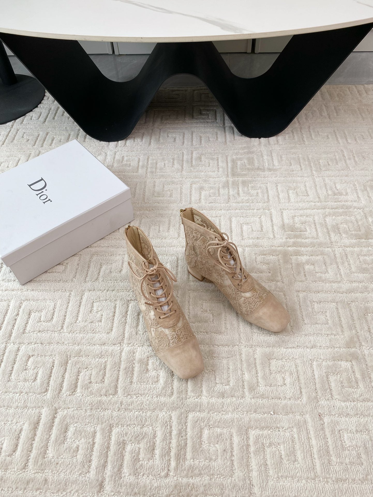 DIOR Naughtily-D Heeled Ankle Boot Beige Transparent Mesh Roses Embroidery And Suede
