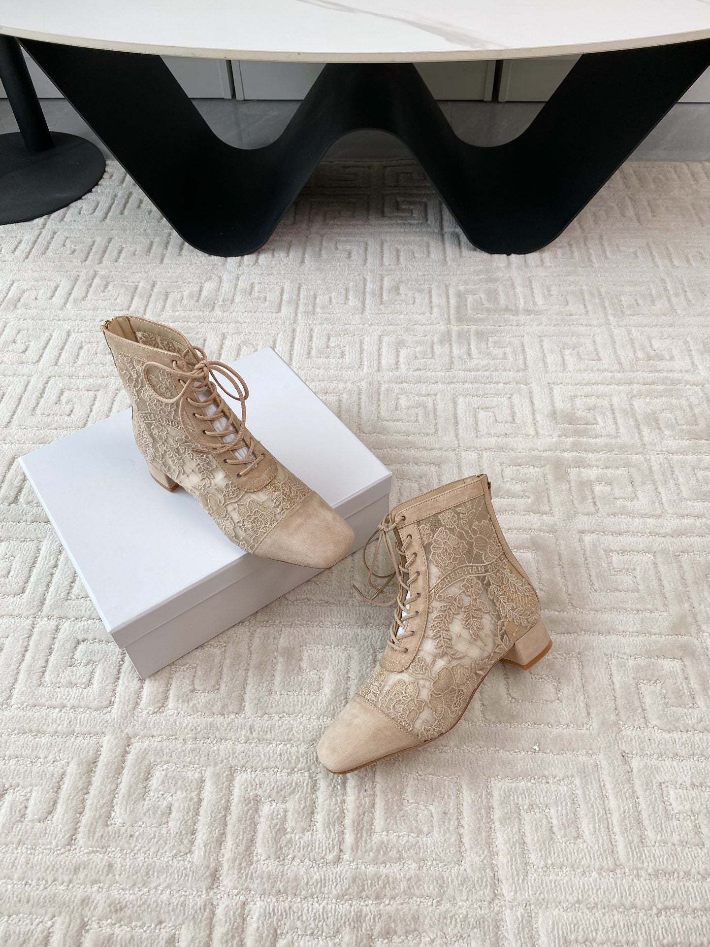DIOR Naughtily-D Heeled Ankle Boot Beige Transparent Mesh Roses Embroidery And Suede