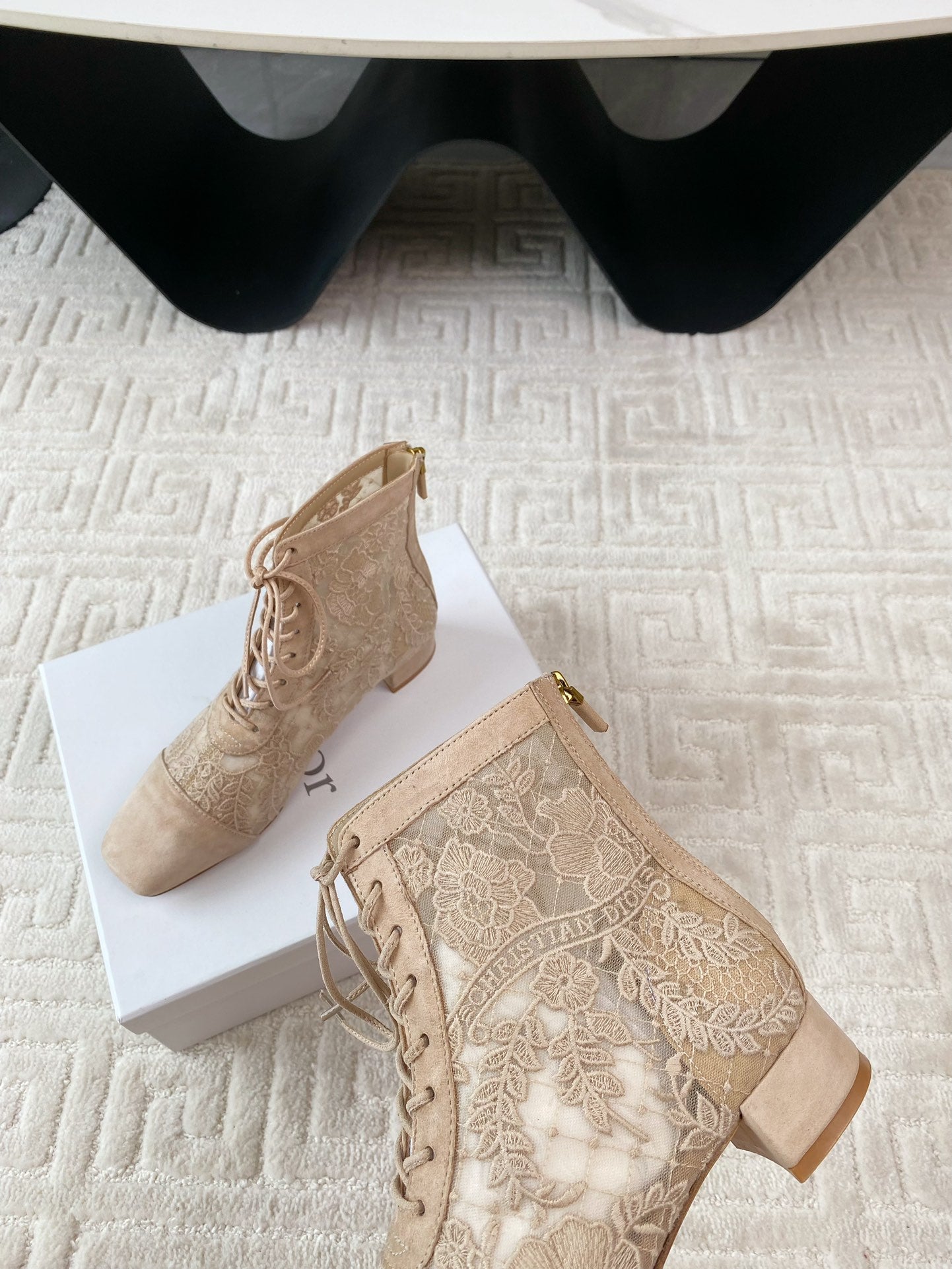 DIOR Naughtily-D Heeled Ankle Boot Beige Transparent Mesh Roses Embroidery And Suede