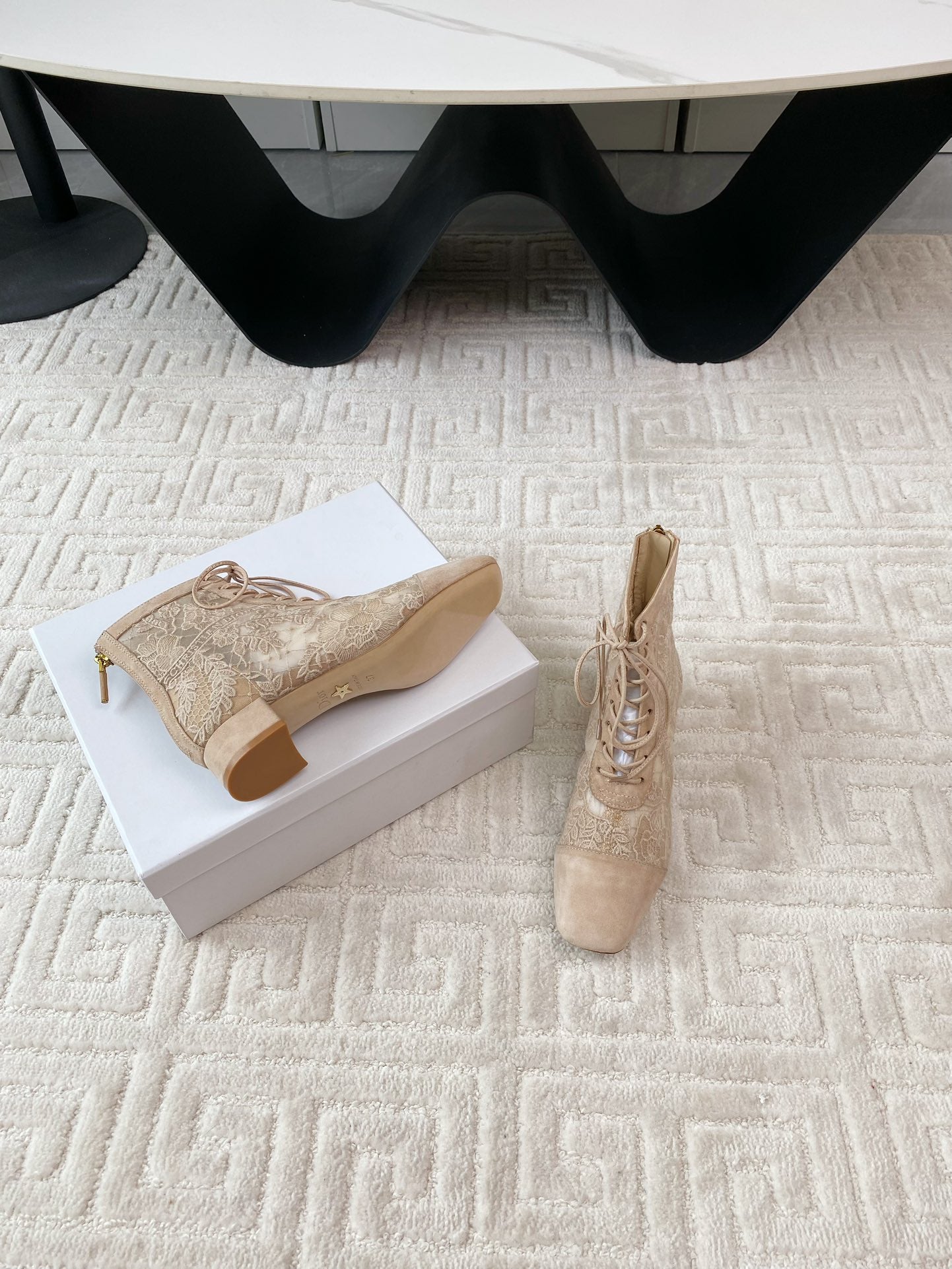 DIOR Naughtily-D Heeled Ankle Boot Beige Transparent Mesh Roses Embroidery And Suede