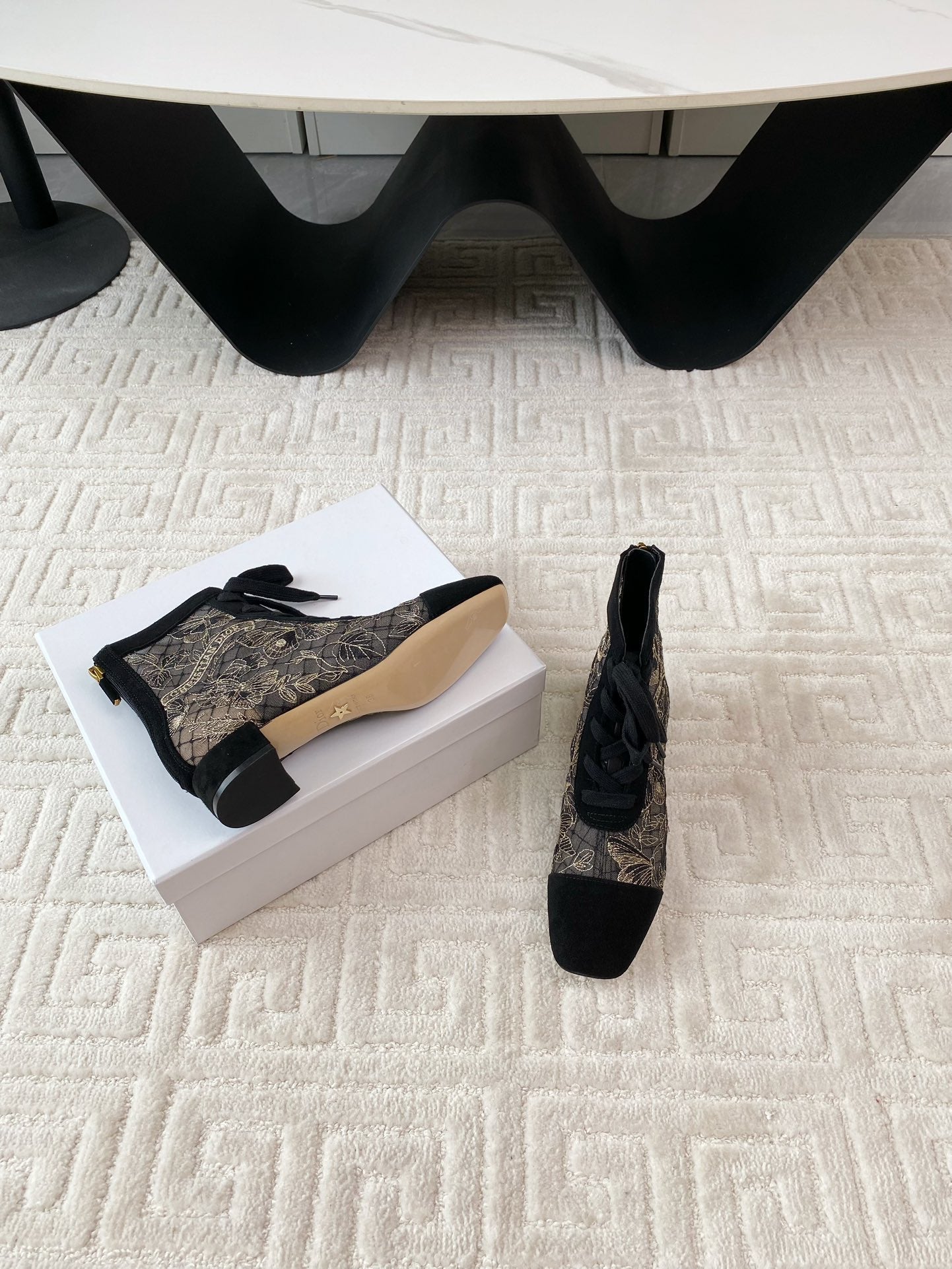 DIOR Naughtily-D Heeled Ankle Boot Black Transparent Mesh Butterfly And Suede