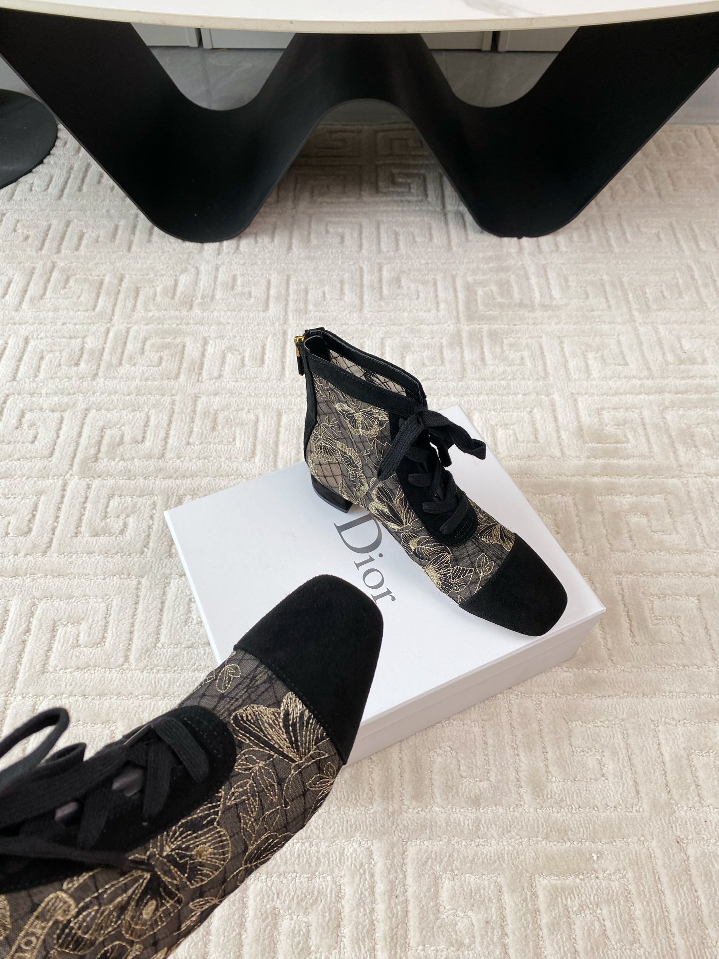 DIOR Naughtily-D Heeled Ankle Boot Black Transparent Mesh Butterfly And Suede