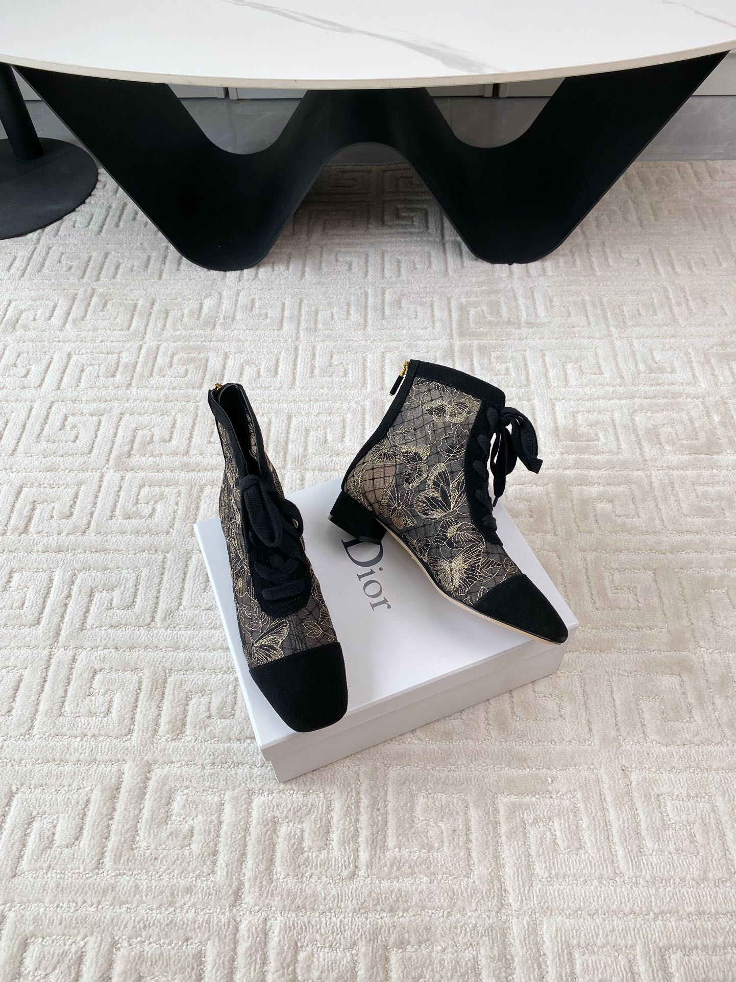 DIOR Naughtily-D Heeled Ankle Boot Black Transparent Mesh Butterfly And Suede