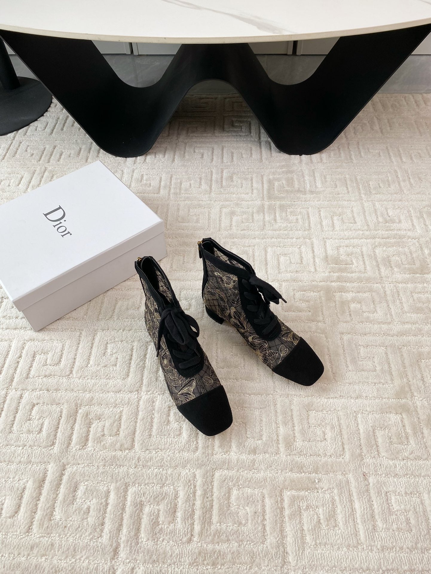 DIOR Naughtily-D Heeled Ankle Boot Black Transparent Mesh Butterfly And Suede