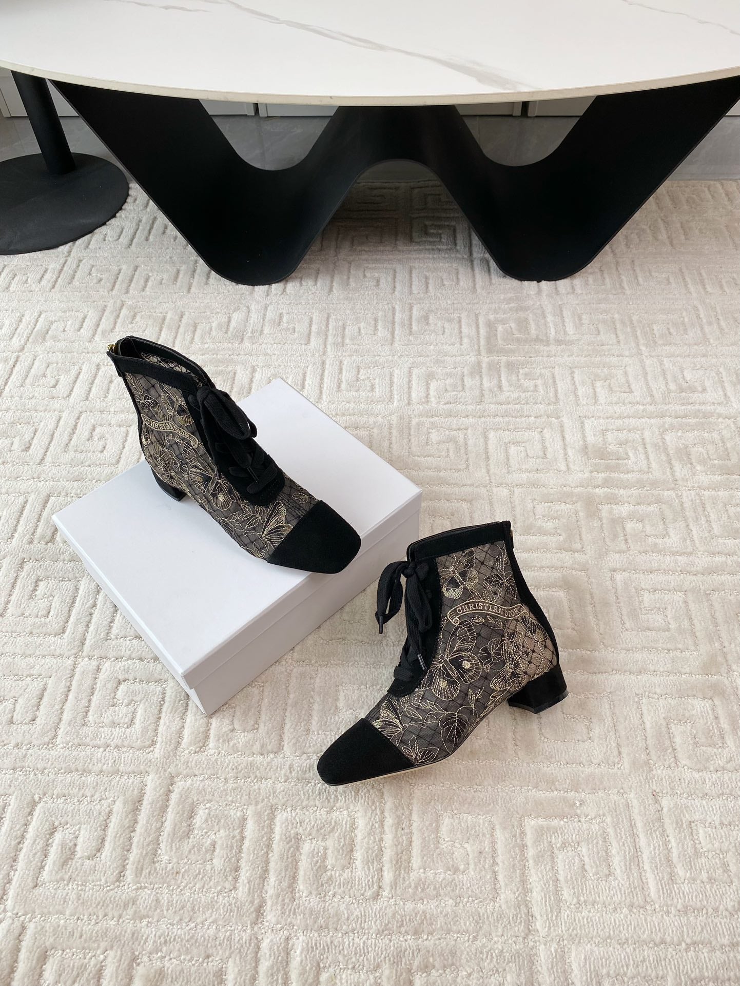 DIOR Naughtily-D Heeled Ankle Boot Black Transparent Mesh Butterfly And Suede
