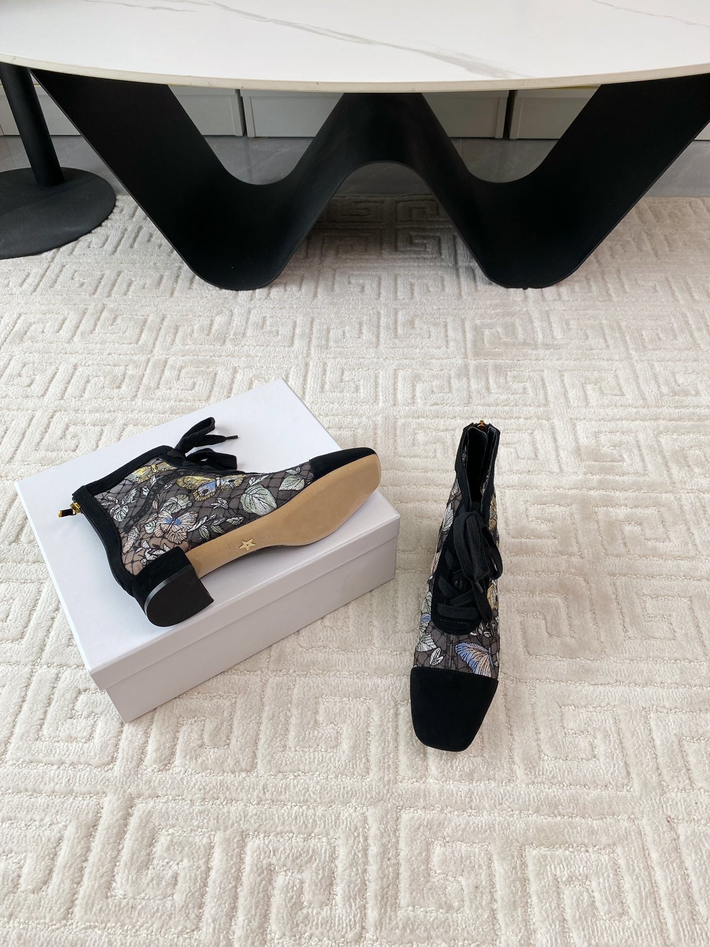 DIOR Naughtily-D Heeled Ankle Boot Black Mix Yellow Blue Transparent Mesh Butterfly And Suede