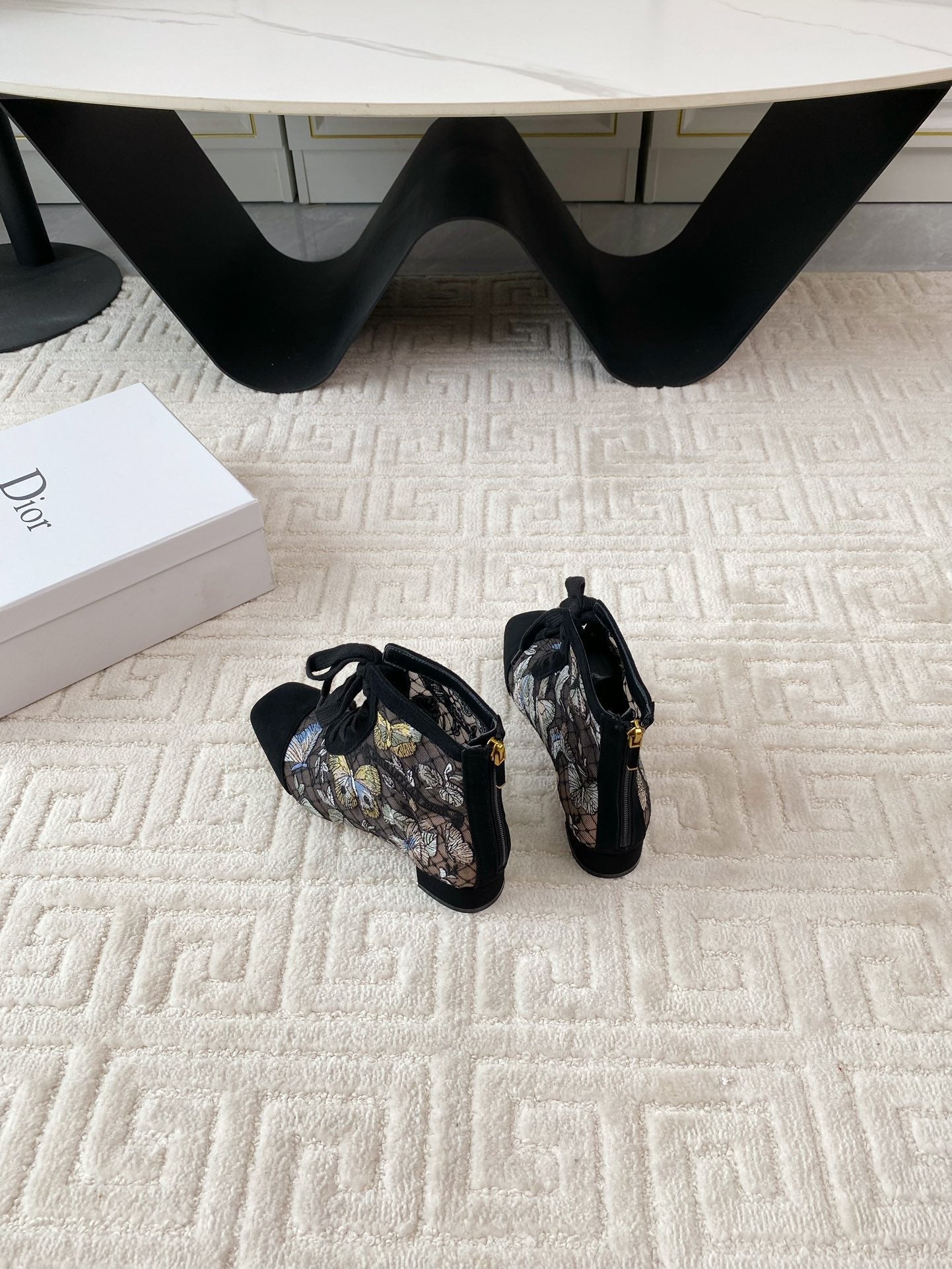 DIOR Naughtily-D Heeled Ankle Boot Black Mix Yellow Blue Transparent Mesh Butterfly And Suede