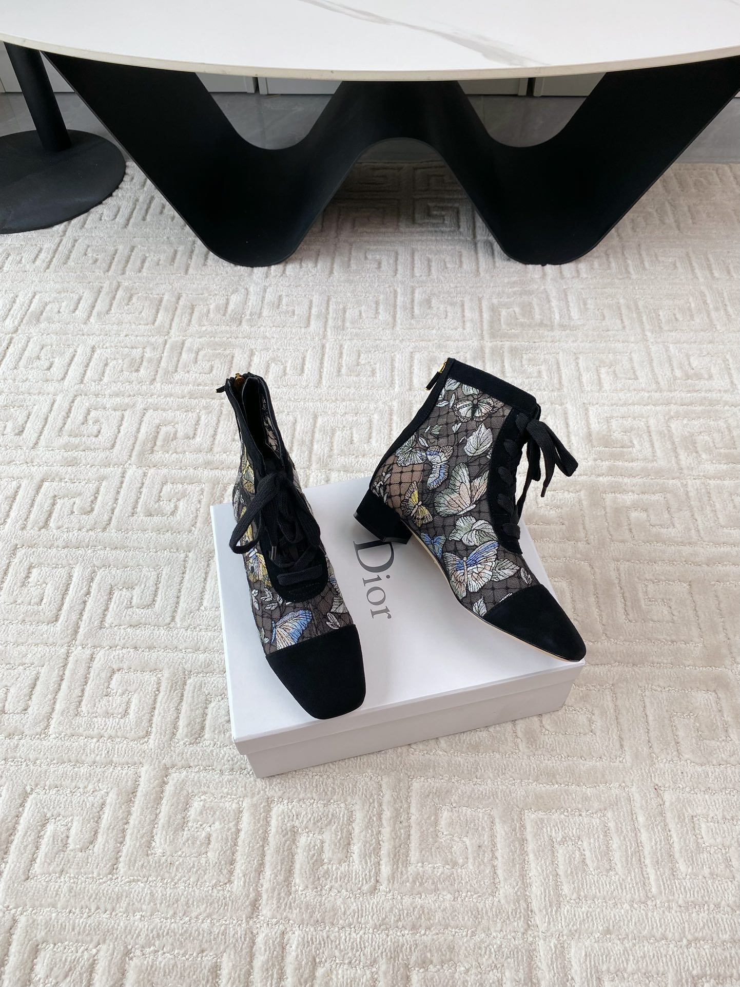 DIOR Naughtily-D Heeled Ankle Boot Black Mix Yellow Blue Transparent Mesh Butterfly And Suede
