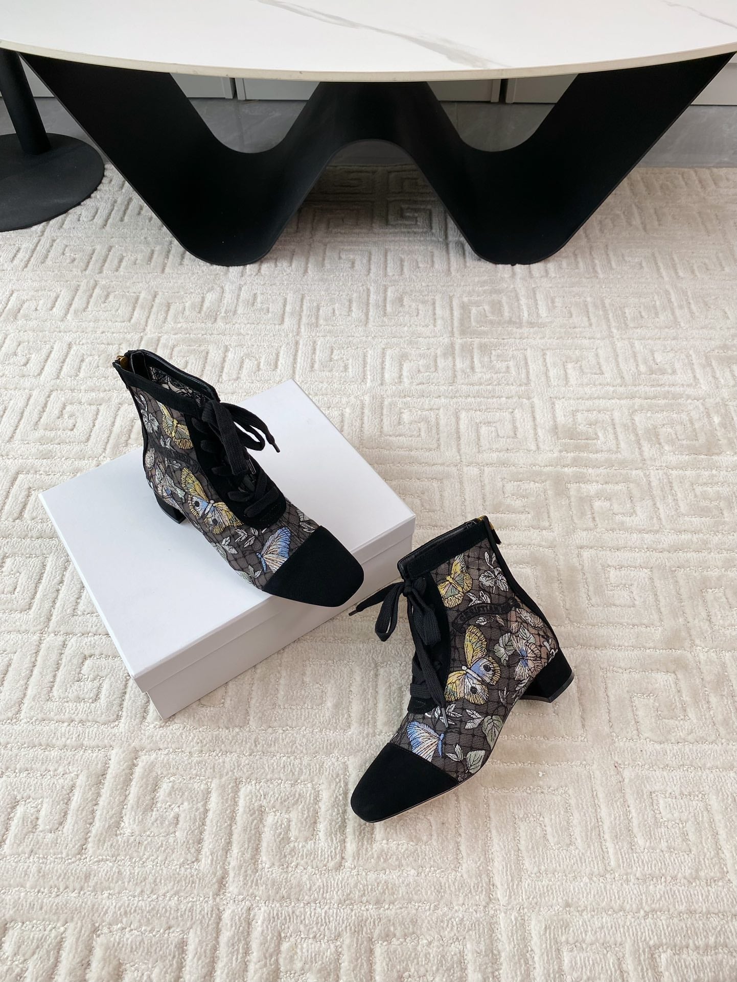 DIOR Naughtily-D Heeled Ankle Boot Black Mix Yellow Blue Transparent Mesh Butterfly And Suede