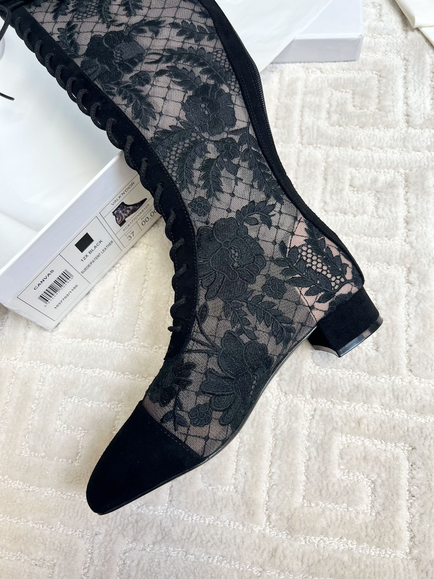 DIOR Naughtily-D Heeled High Boots Black Transparent Mesh Roses Embroidery And Suede