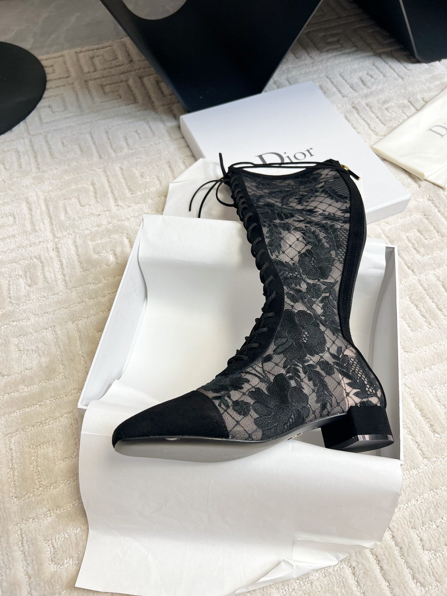 DIOR Naughtily-D Heeled High Boots Black Transparent Mesh Roses Embroidery And Suede