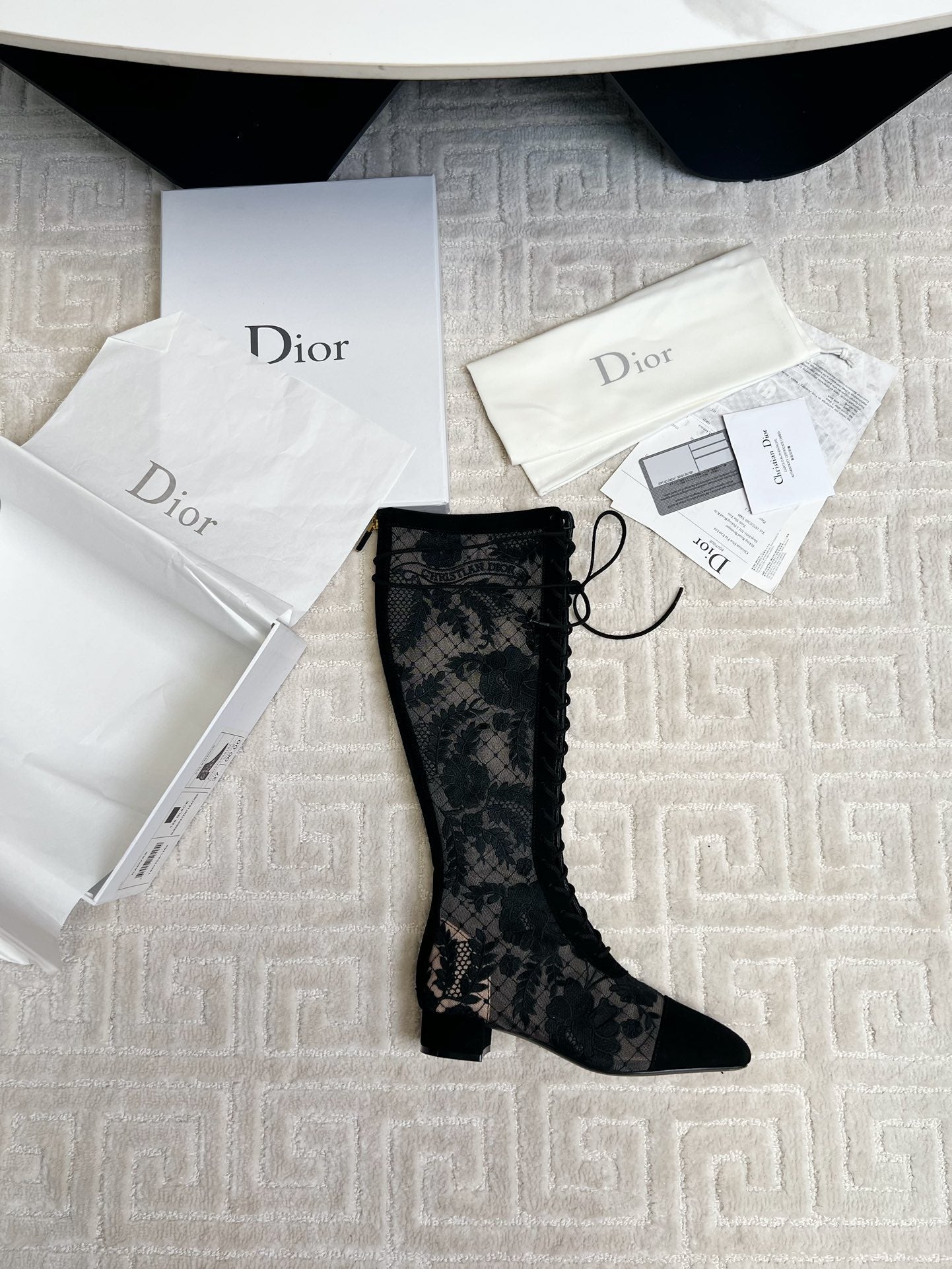 DIOR Naughtily-D Heeled High Boots Black Transparent Mesh Roses Embroidery And Suede