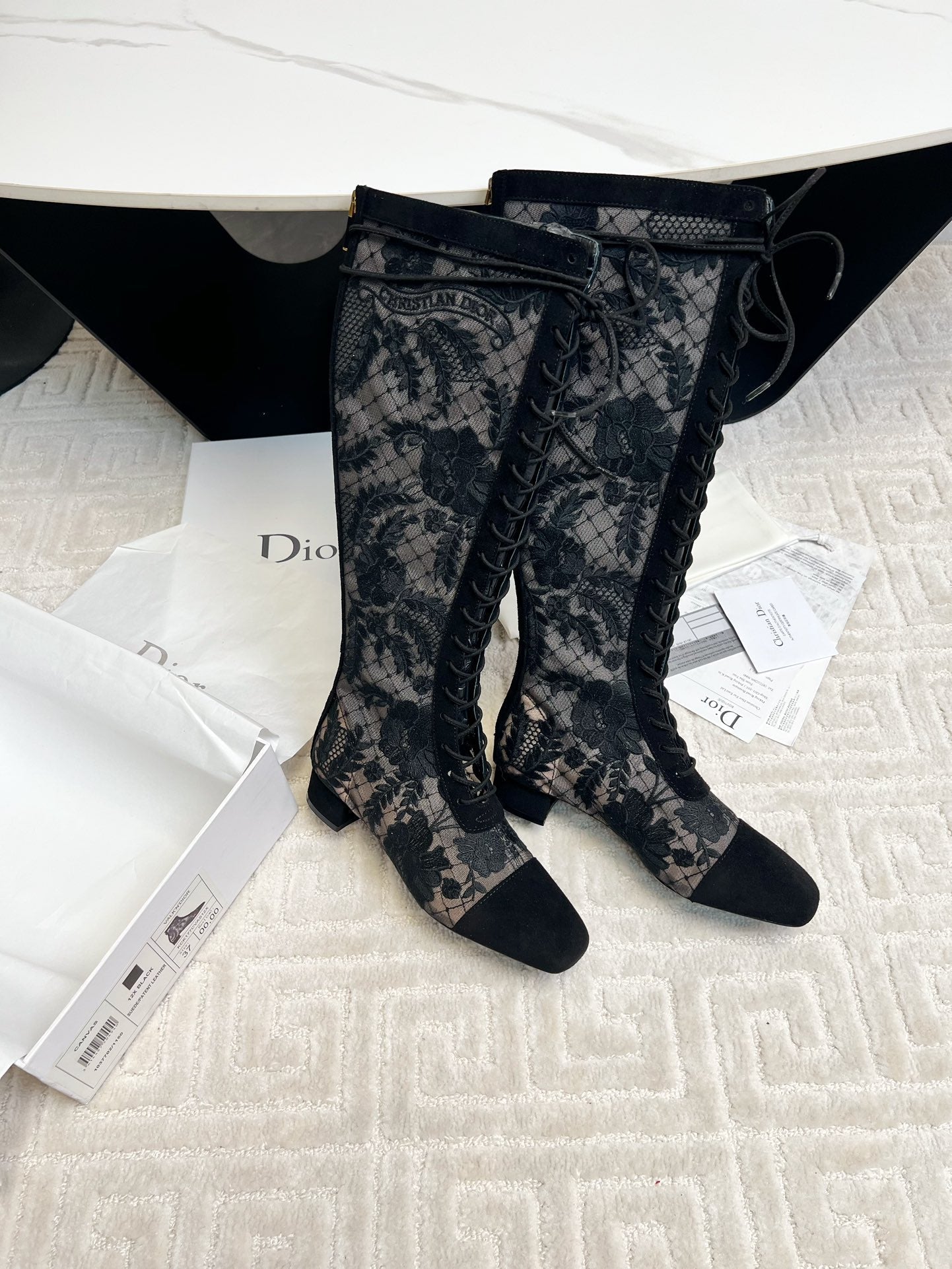 DIOR Naughtily-D Heeled High Boots Black Transparent Mesh Roses Embroidery And Suede