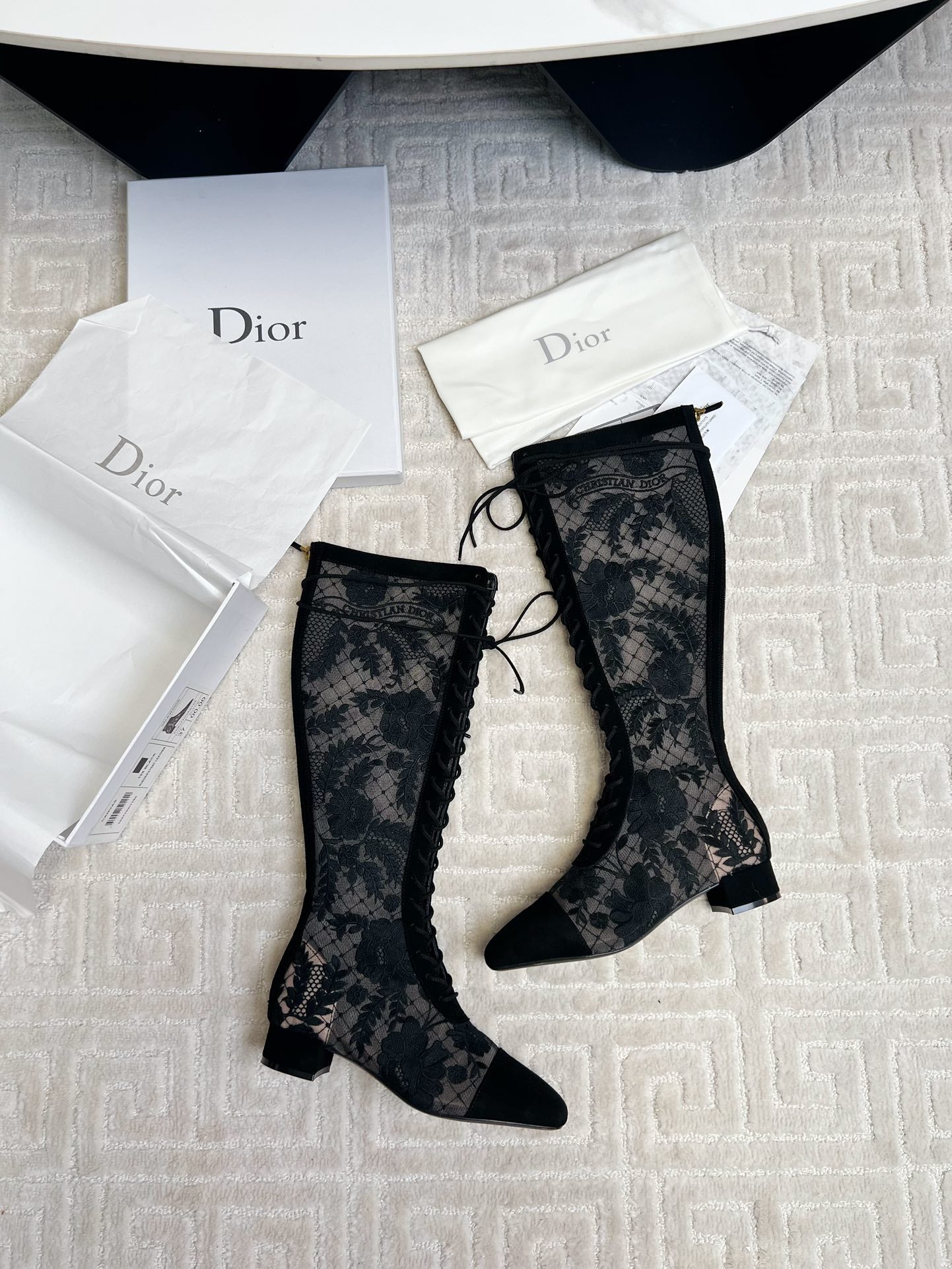 DIOR Naughtily-D Heeled High Boots Black Transparent Mesh Roses Embroidery And Suede