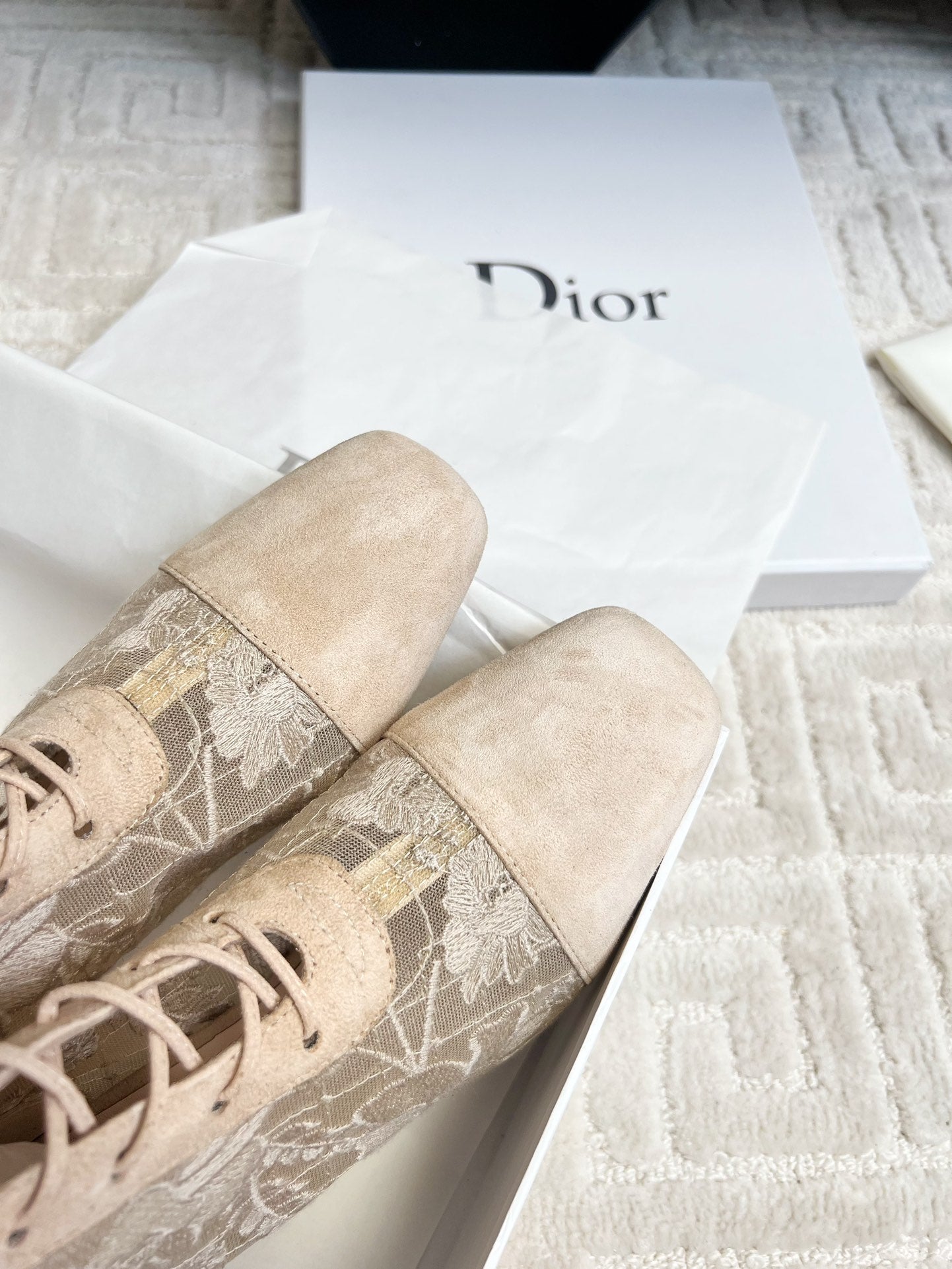 DIOR Naughtily-D Heeled High Boots Beige Transparent Mesh Roses Embroidery And Suede