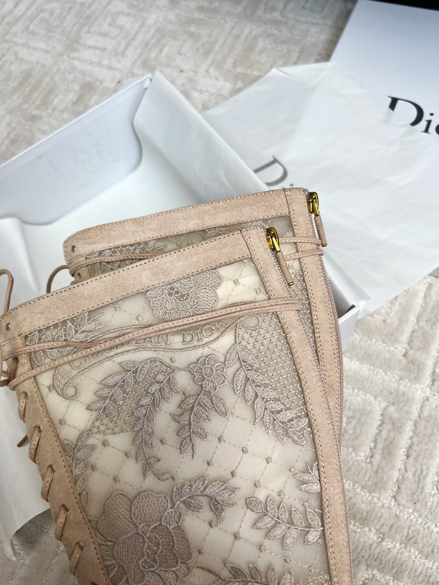 DIOR Naughtily-D Heeled High Boots Beige Transparent Mesh Roses Embroidery And Suede