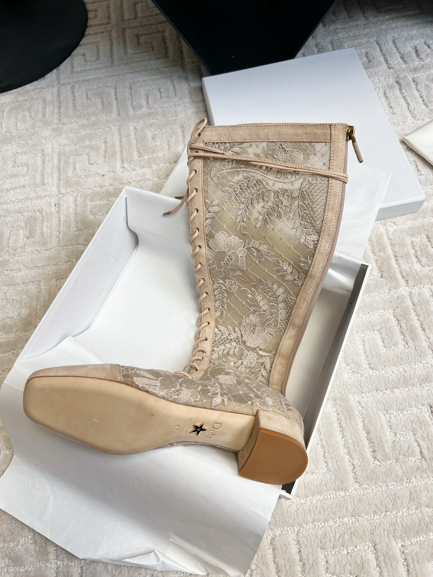 DIOR Naughtily-D Heeled High Boots Beige Transparent Mesh Roses Embroidery And Suede