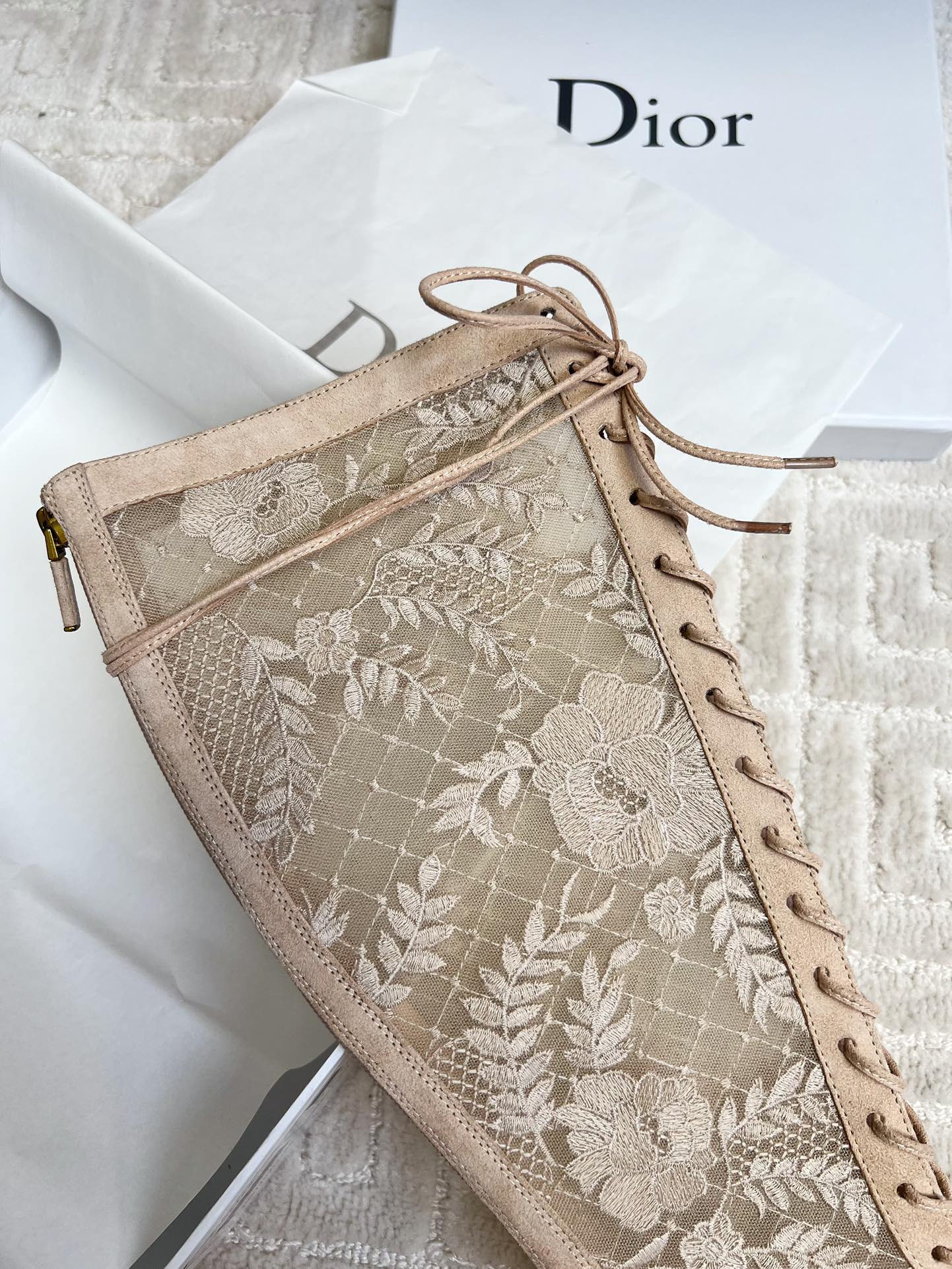 DIOR Naughtily-D Heeled High Boots Beige Transparent Mesh Roses Embroidery And Suede