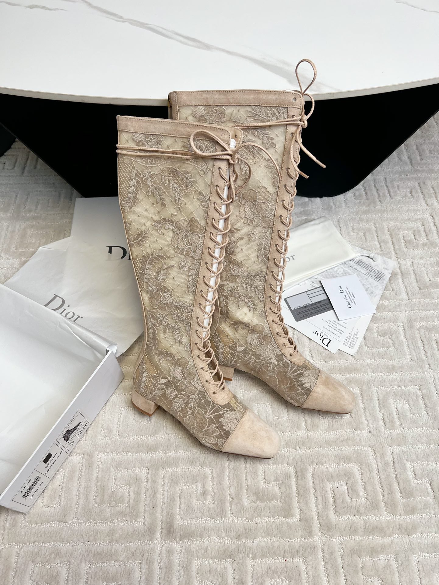 DIOR Naughtily-D Heeled High Boots Beige Transparent Mesh Roses Embroidery And Suede
