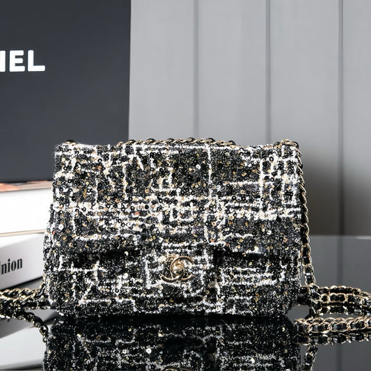 CHANEL 24S Flap Bag 20cm Black White Sequin Calfskin