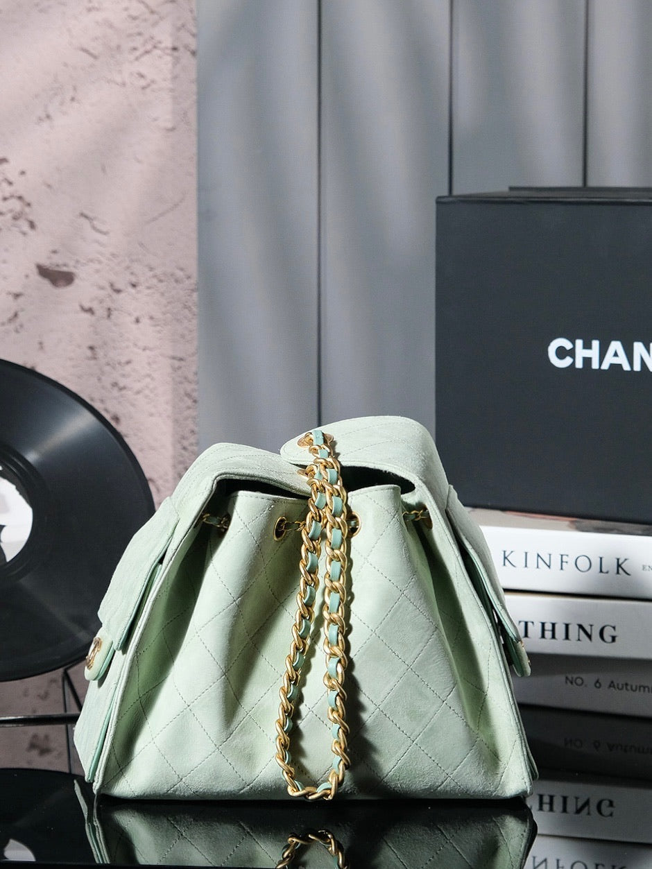 CHANEL 25C Hobo Bag 30cm Light Green Suede
