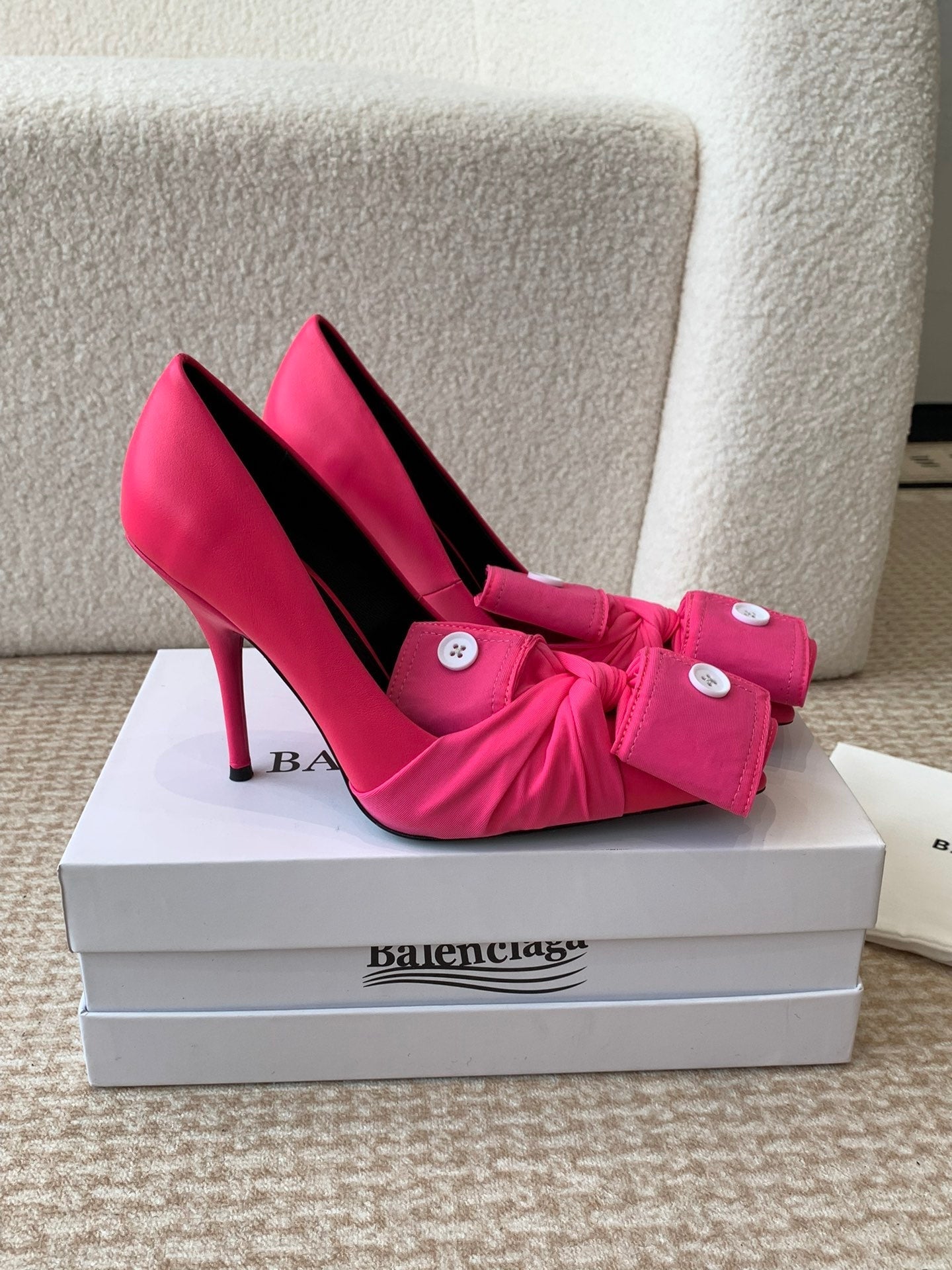 Balanciaga KNIFE CHEMISE HIGH PUMPS IN BRIGHT PINK COTTON AND CALFSKIN