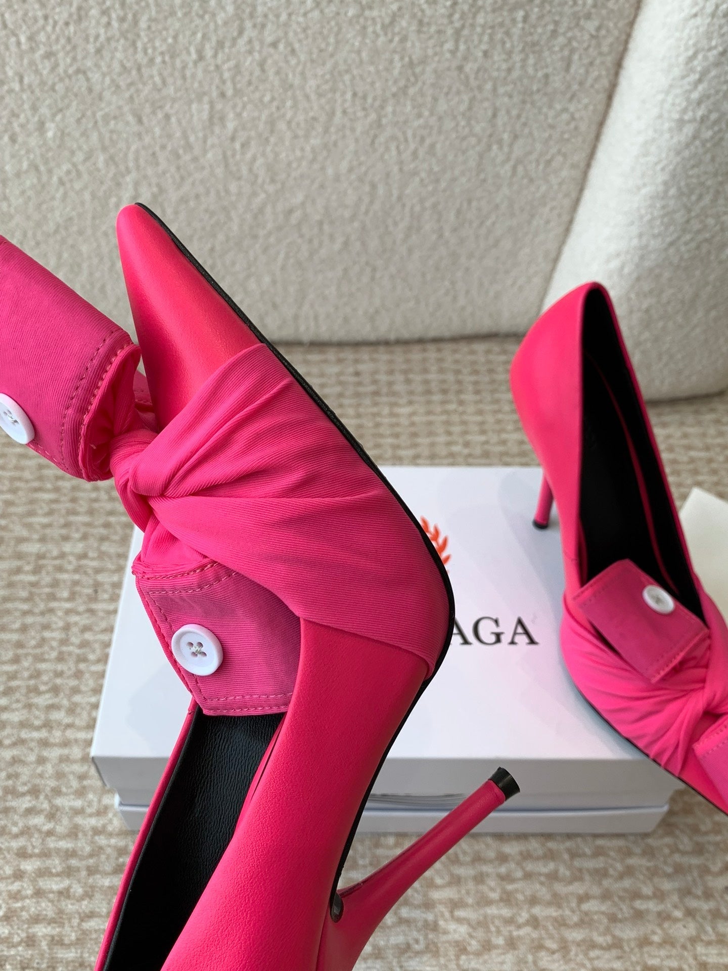 Balanciaga KNIFE CHEMISE HIGH PUMPS IN BRIGHT PINK COTTON AND CALFSKIN