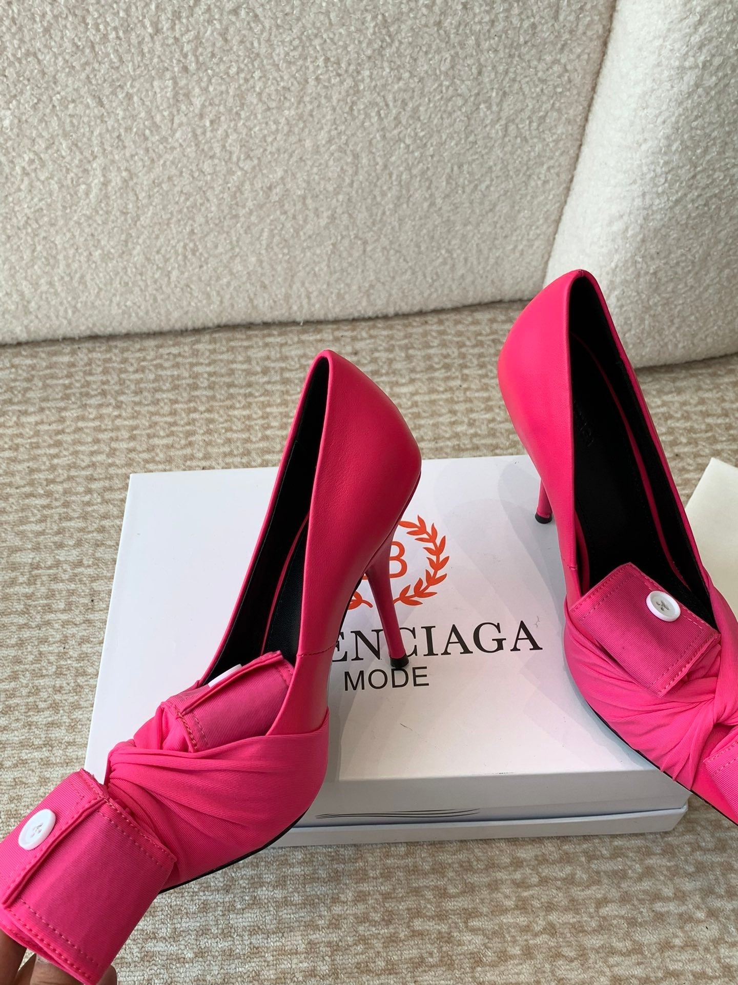 Balanciaga KNIFE CHEMISE HIGH PUMPS IN BRIGHT PINK COTTON AND CALFSKIN