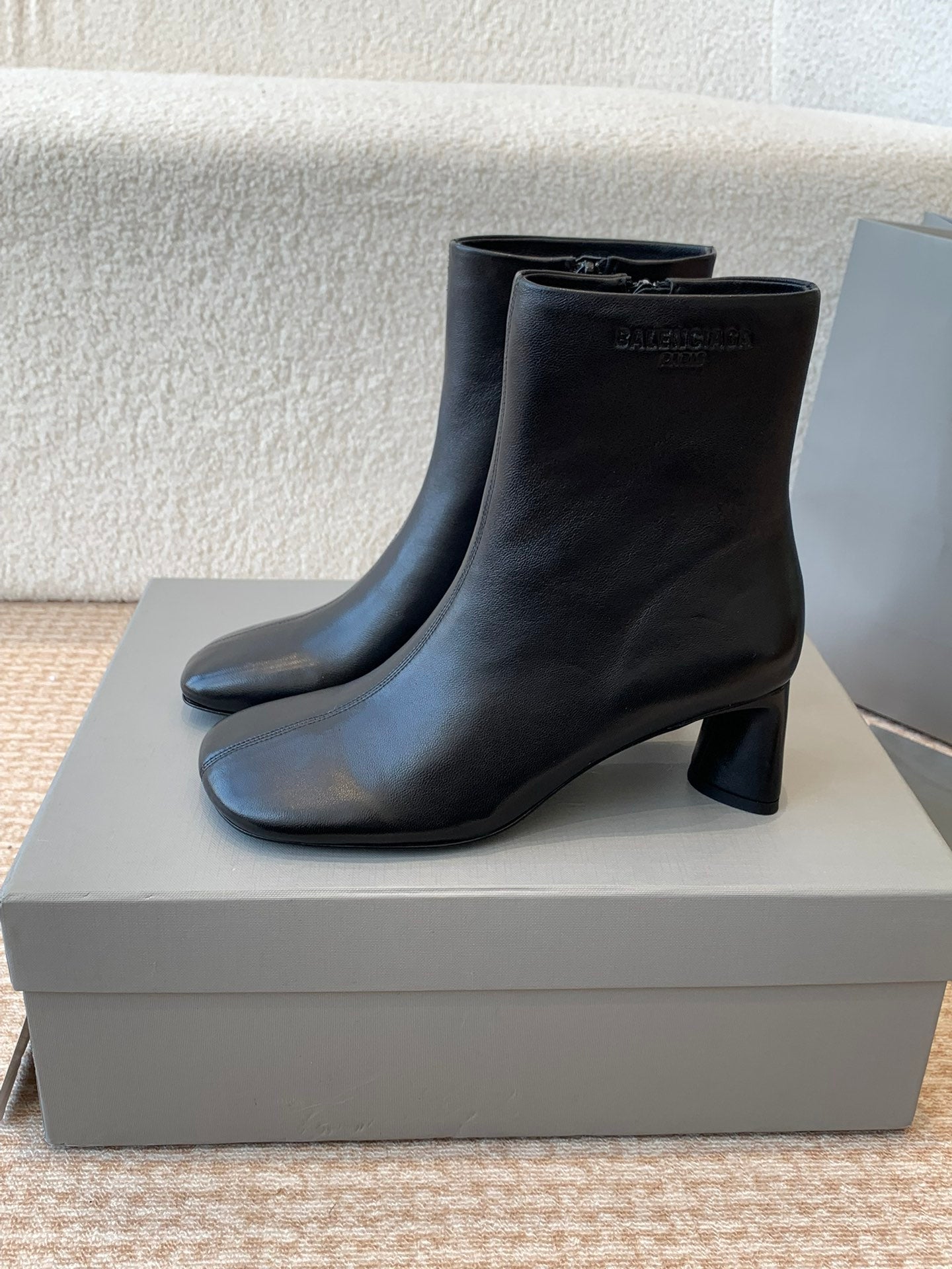 Balanciaga ANKLE BOOTS IN BLACK LOGO EMBOSSED SOFT SHEEPSKIN