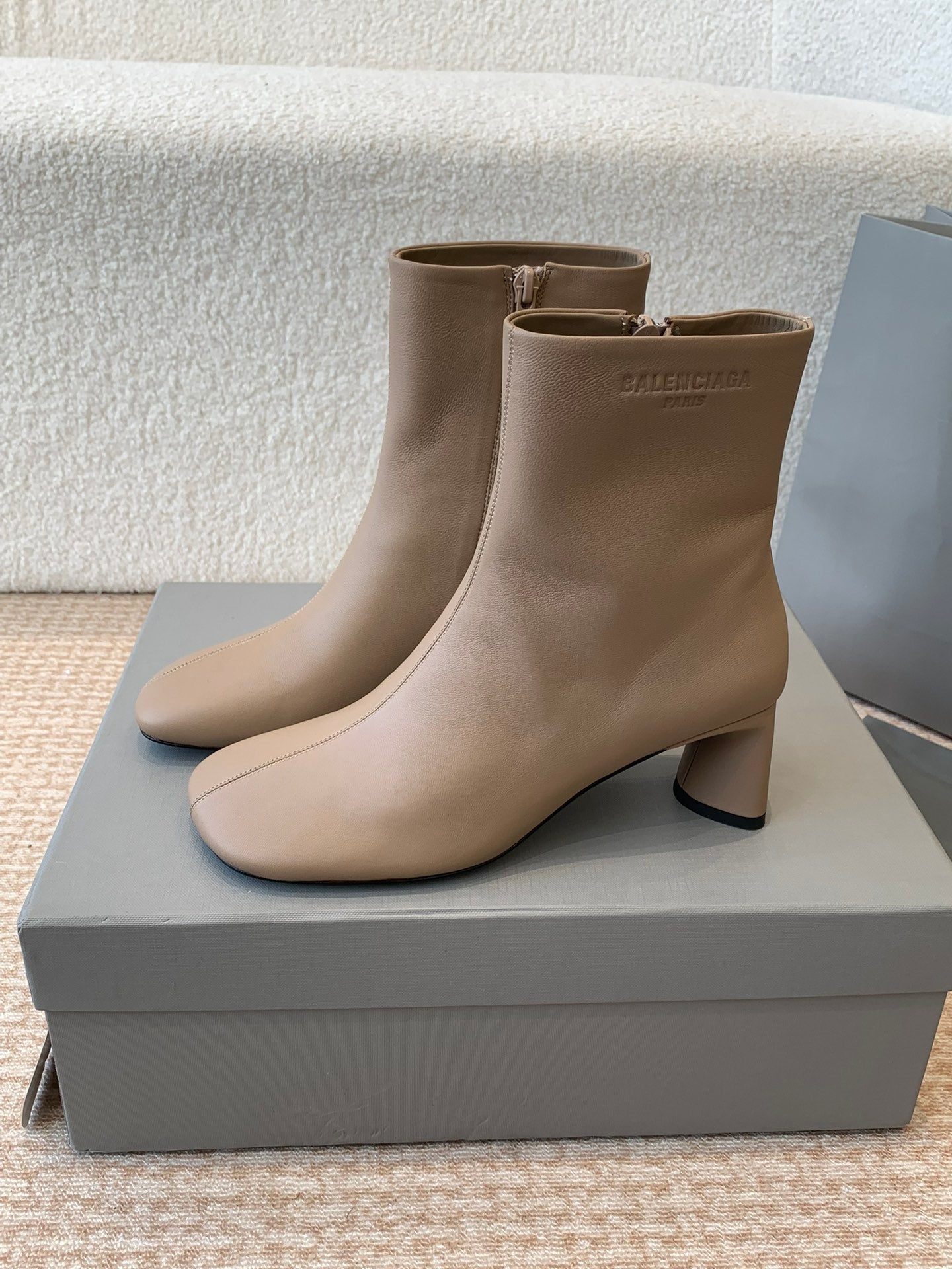Balanciaga ANKLE BOOTS IN LIGHT BROWN LOGO EMBOSSED SOFT SHEEPSKIN