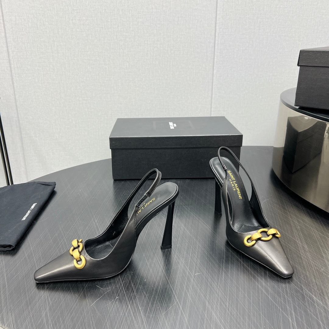 Saint Laurent GOLD CHAIN ATTACHED HIGH SLINGBACK IN BLACK SMOOTH LAMBSKIN