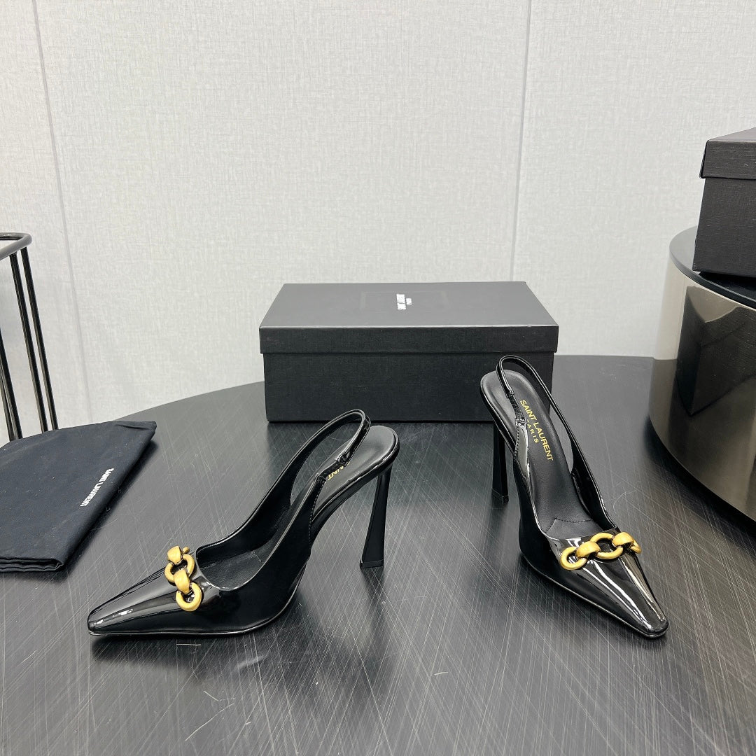 Saint Laurent GOLD CHAIN ATTACHED HIGH SLINGBACK IN BLACK GLOSSY CALFSKIN