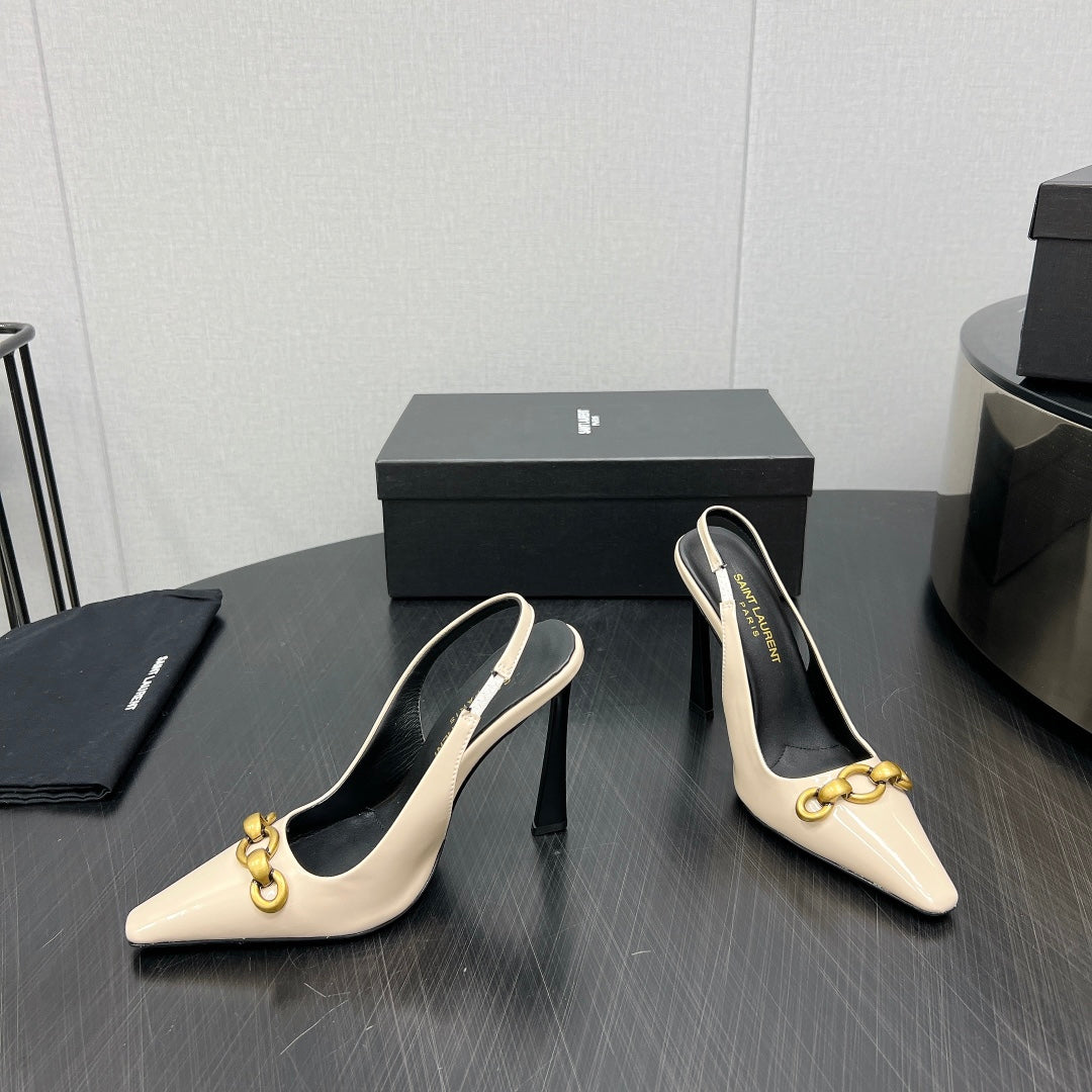 Saint Laurent GOLD CHAIN ATTACHED HIGH SLINGBACK IN CREAM GLOSSY CALFSKIN