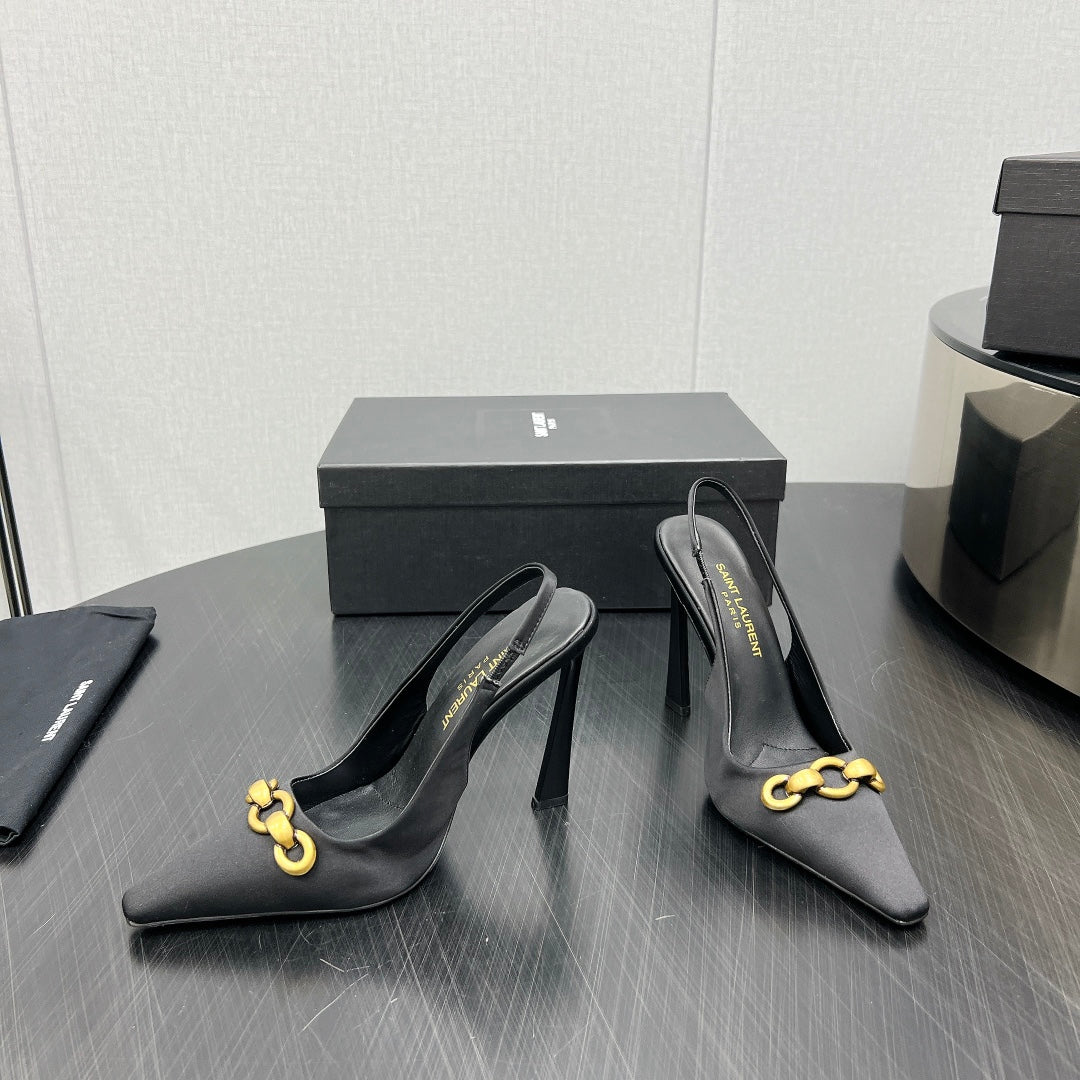 Saint Laurent GOLD CHAIN ATTACHED HIGH SLINGBACK IN BLACK SILK