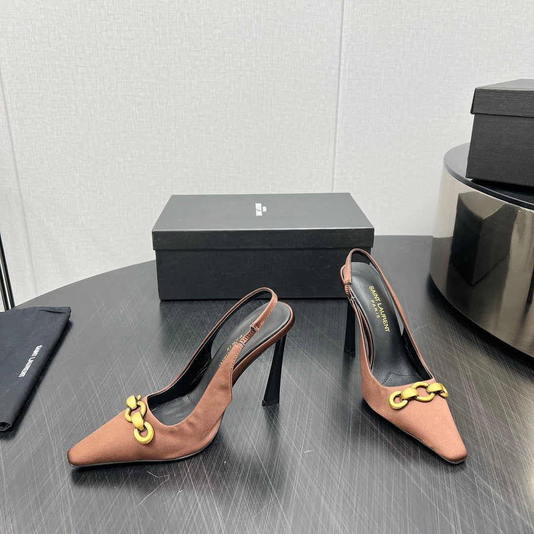 Saint Laurent GOLD CHAIN ATTACHED HIGH SLINGBACK IN TOFFEE BROWN SILK
