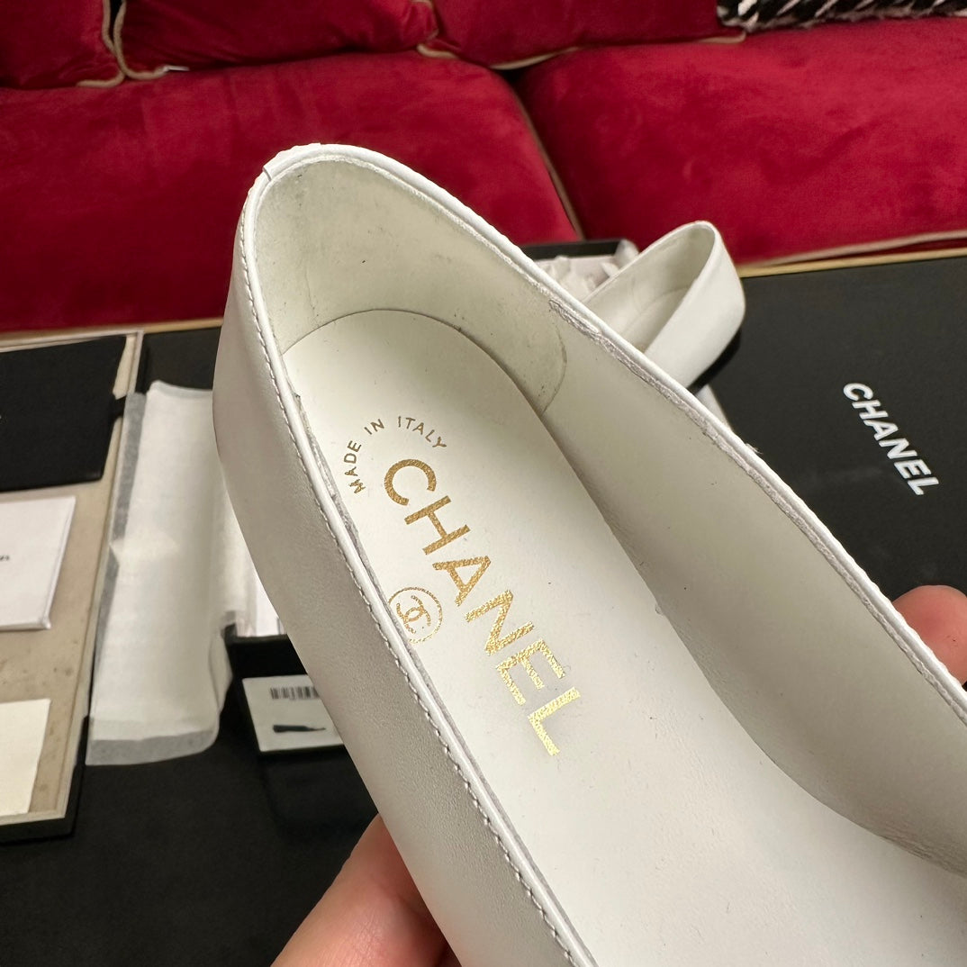 CHANEL ballet flat black flower white calfskin