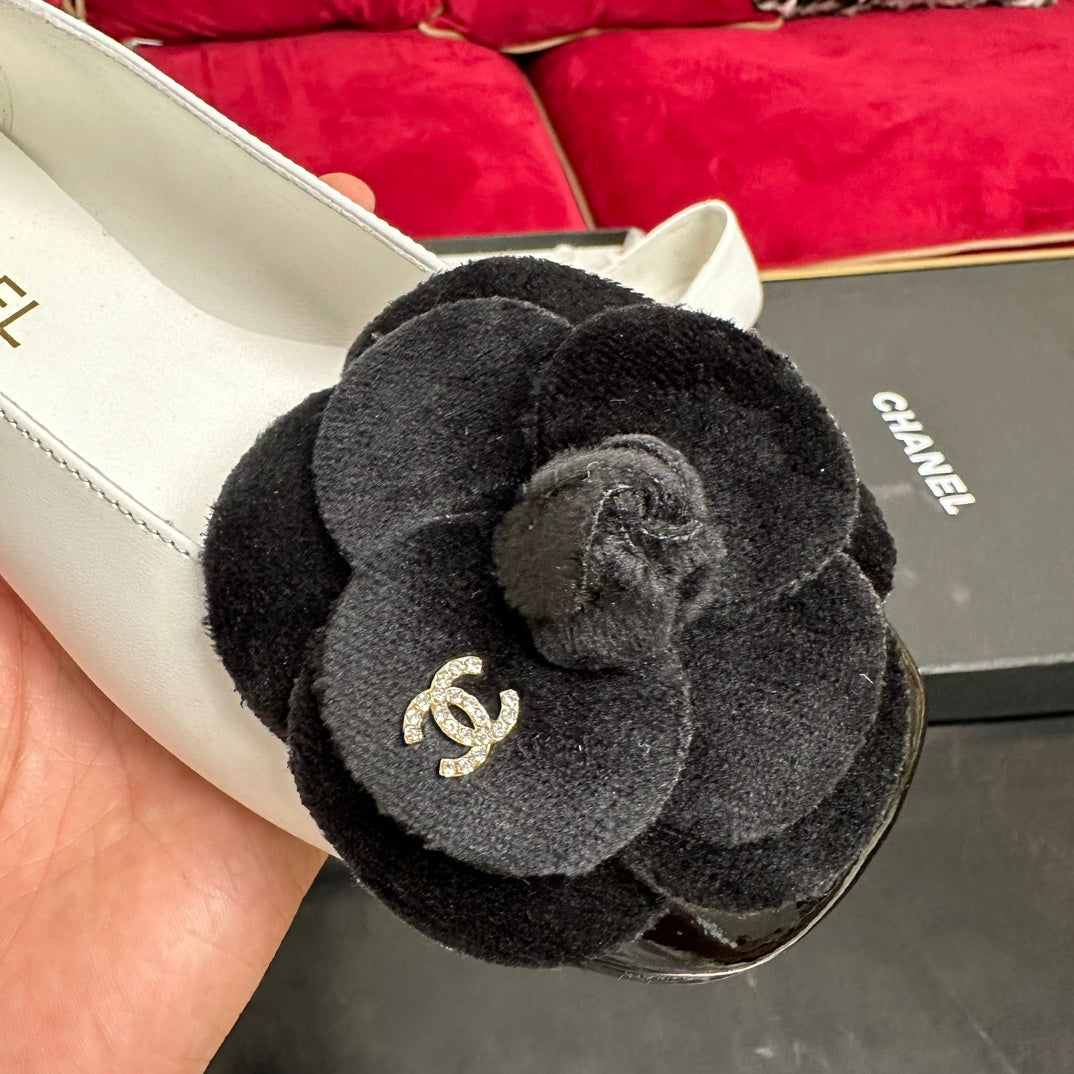 CHANEL ballet flat black flower white calfskin